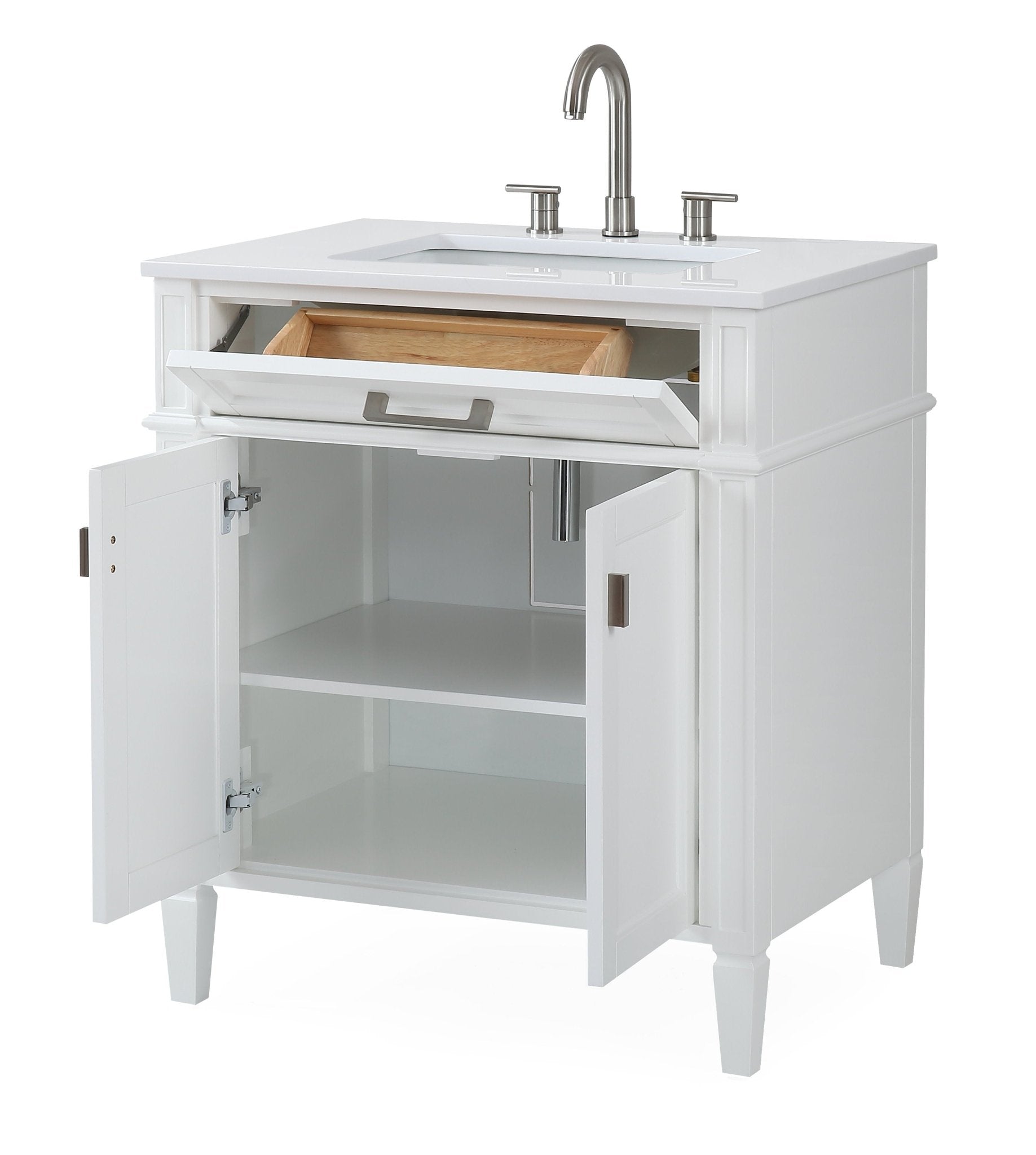 Chans Furniture QT-1808-V30W 30 Inch Durand Modern White Bathroom Sink Vanity with Stone Counter Top