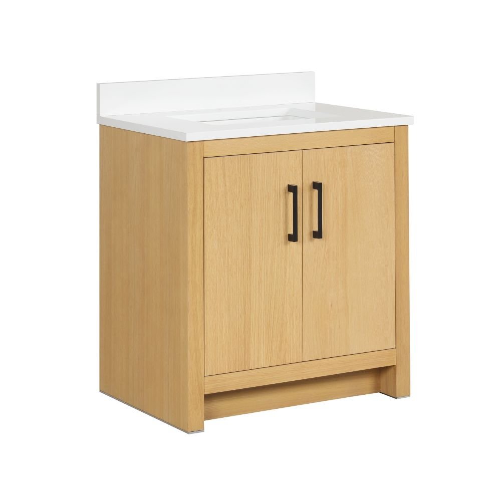 Chans Furniture VH-3320WD-30 30 Inch Light Oak Sandi Single Sink Bathroom Vanity Toe Kick Style With White Quartz Top