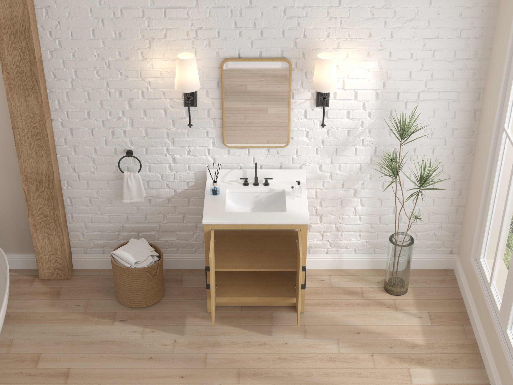 Chans Furniture VH-3320WD-30 30 Inch Light Oak Sandi Single Sink Bathroom Vanity Toe Kick Style With White Quartz Top
