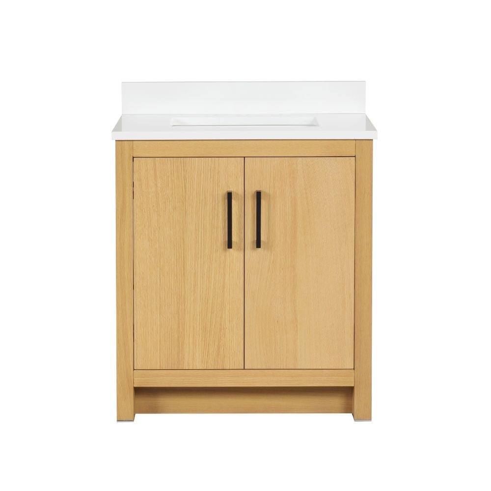 Chans Furniture VH-3320WD-30 30 Inch Light Oak Sandi Single Sink Bathroom Vanity Toe Kick Style With White Quartz Top