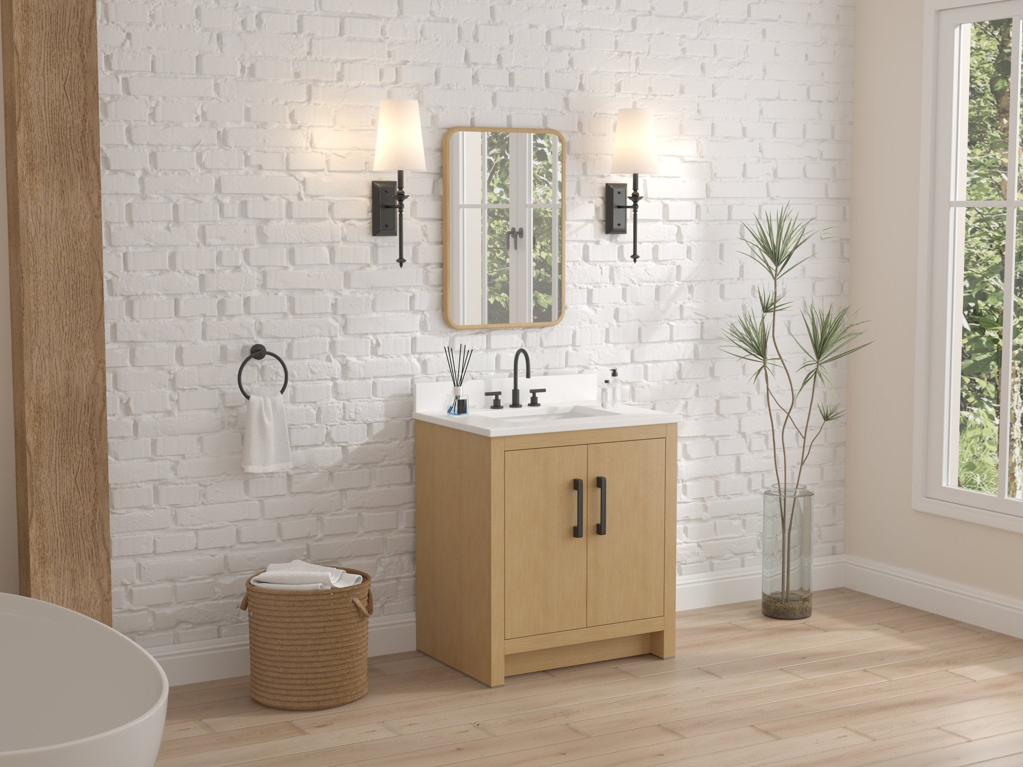 Chans Furniture VH-3320WD-30 30 Inch Light Oak Sandi Single Sink Bathroom Vanity Toe Kick Style With White Quartz Top
