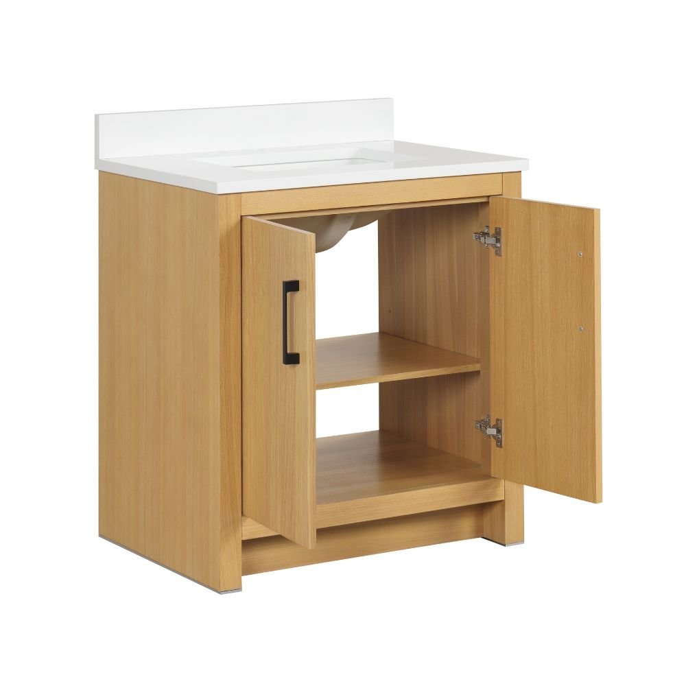 Chans Furniture VH-3320WD-30 30 Inch Light Oak Sandi Single Sink Bathroom Vanity Toe Kick Style With White Quartz Top