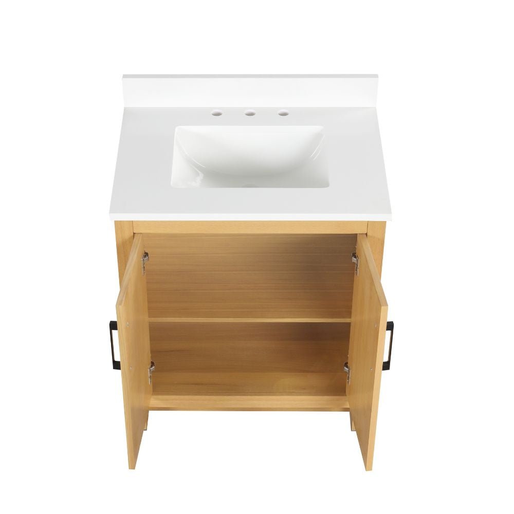 Chans Furniture VH-3320WD-30 30 Inch Light Oak Sandi Single Sink Bathroom Vanity Toe Kick Style With White Quartz Top