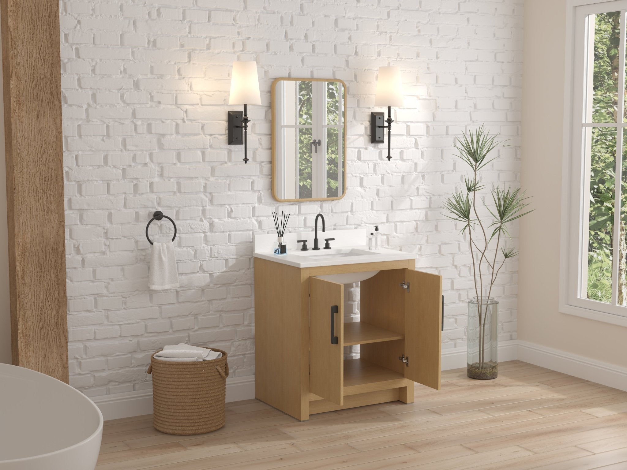 Chans Furniture VH-3320WD-30 30 Inch Light Oak Sandi Single Sink Bathroom Vanity Toe Kick Style With White Quartz Top