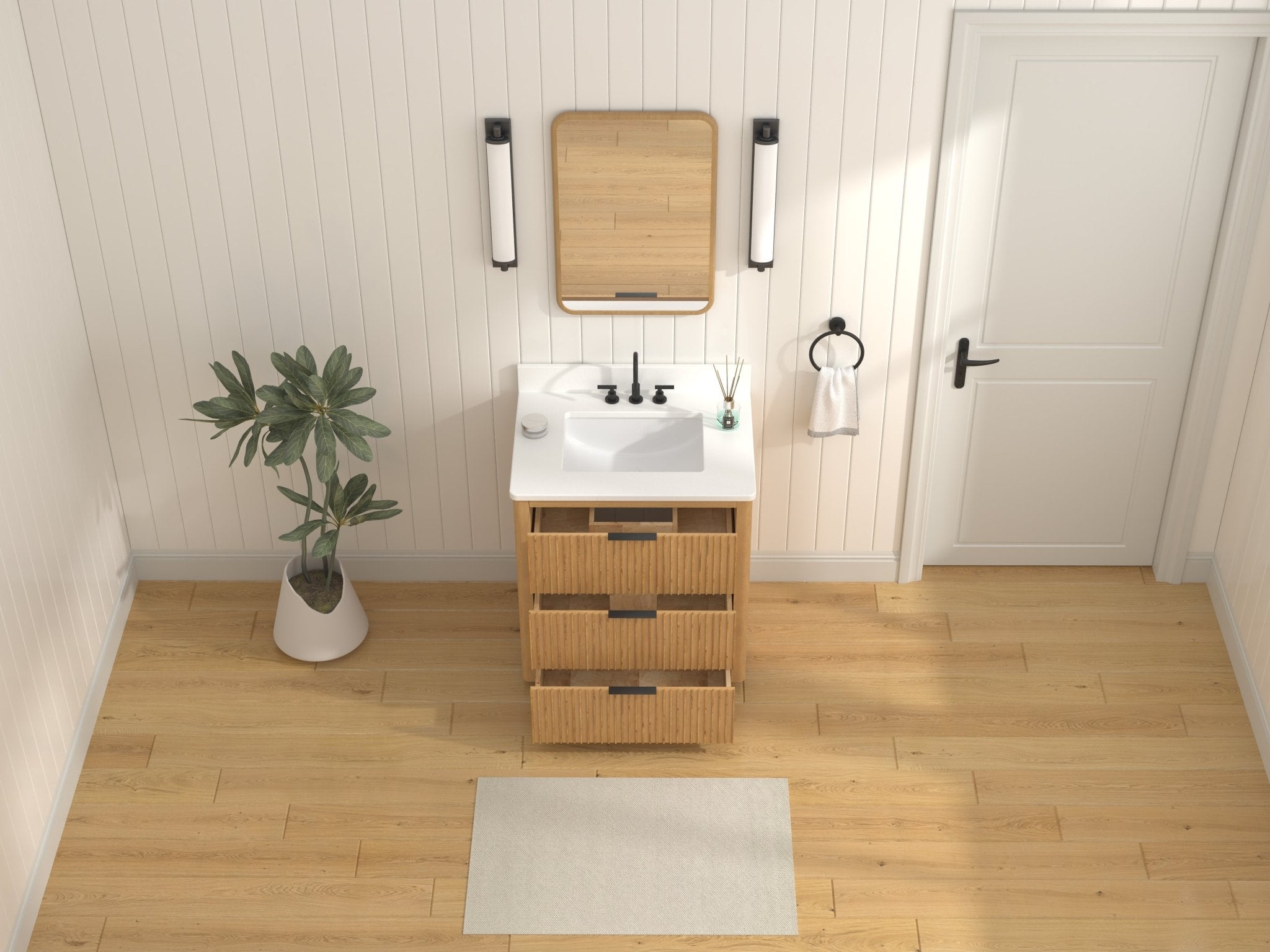 Chans Furniture VH-2130WD-30 30 Inch Modern Golden Oak Coris Single Sink Bathroom Vanity With White Quartz Top