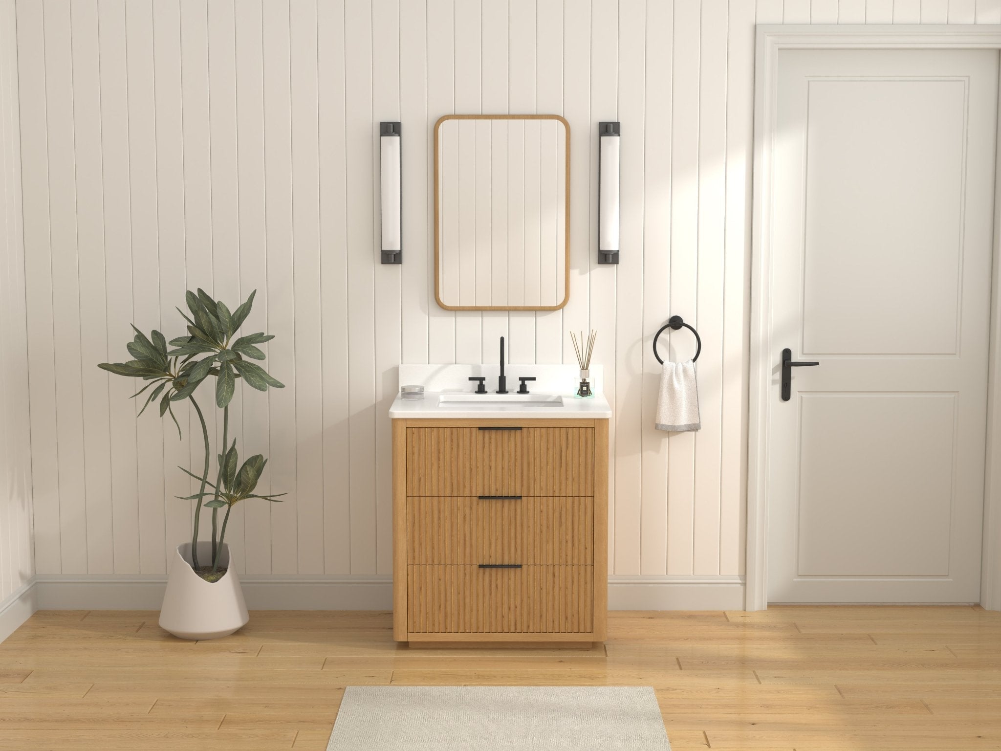 Chans Furniture VH-2130WD-30 30 Inch Modern Golden Oak Coris Single Sink Bathroom Vanity With White Quartz Top