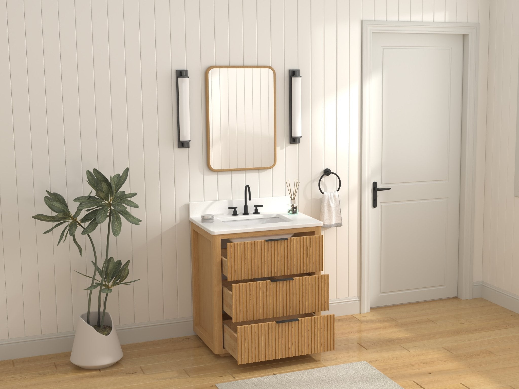 Chans Furniture VH-2130WD-30 30 Inch Modern Golden Oak Coris Single Sink Bathroom Vanity With White Quartz Top