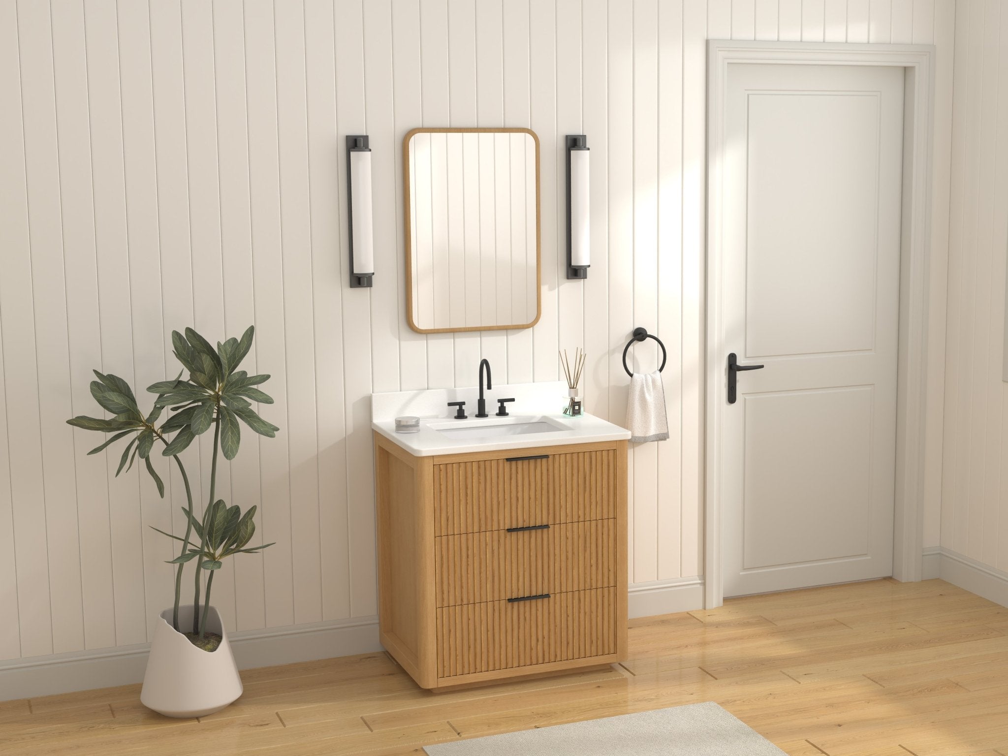 Chans Furniture VH-2130WD-30 30 Inch Modern Golden Oak Coris Single Sink Bathroom Vanity With White Quartz Top