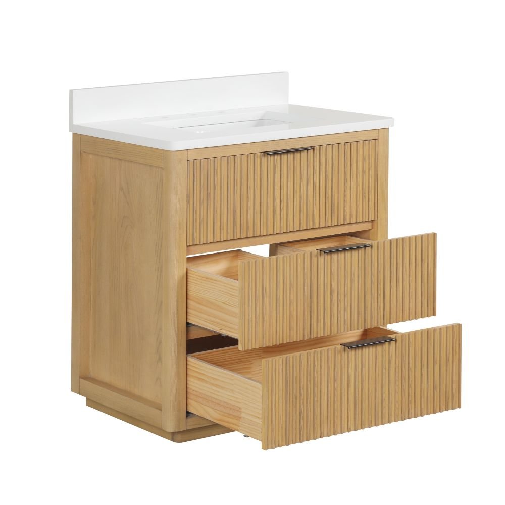 Chans Furniture VH-2130WD-30 30 Inch Modern Golden Oak Coris Single Sink Bathroom Vanity With White Quartz Top