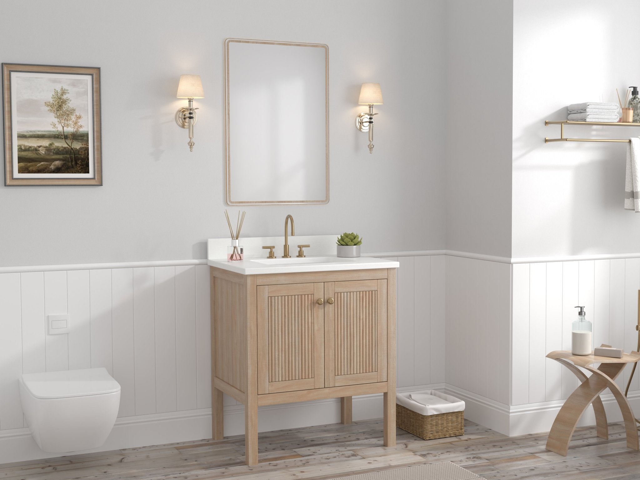 Chans Furniture GD-NG2462-WD-30 30 Inch Modern Light Oak Sera Single Sink Bathroom Vanity With White Quartz Top