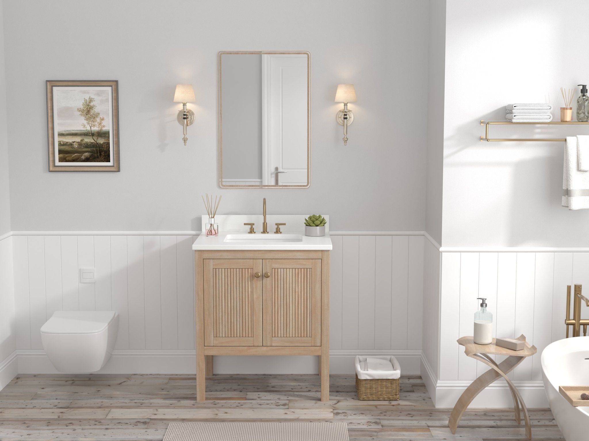 Chans Furniture GD-NG2462-WD-30 30 Inch Modern Light Oak Sera Single Sink Bathroom Vanity With White Quartz Top