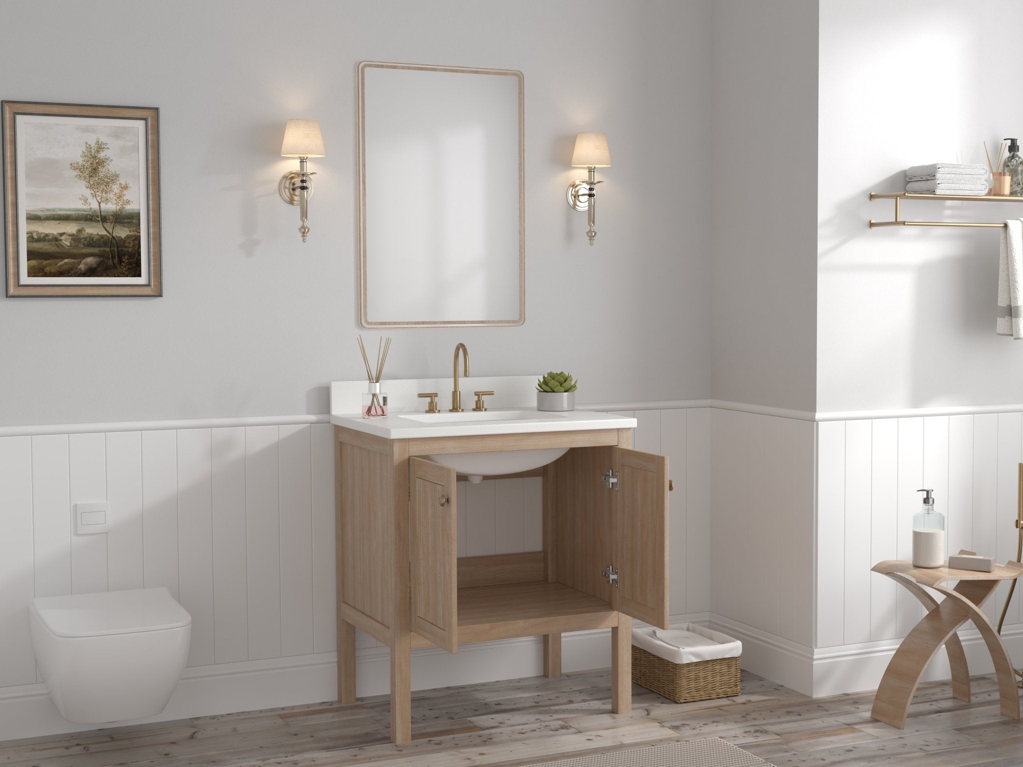Chans Furniture GD-NG2462-WD-30 30 Inch Modern Light Oak Sera Single Sink Bathroom Vanity With White Quartz Top