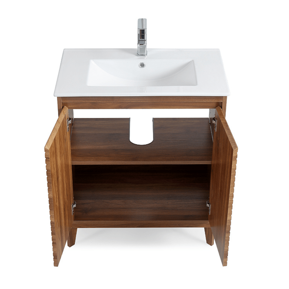 Chans Furniture GD-2430WD-30 30 inch Modern Style Natural Walnut Finish Zano Bathroom Sink Vanity With Intergated Sink Top