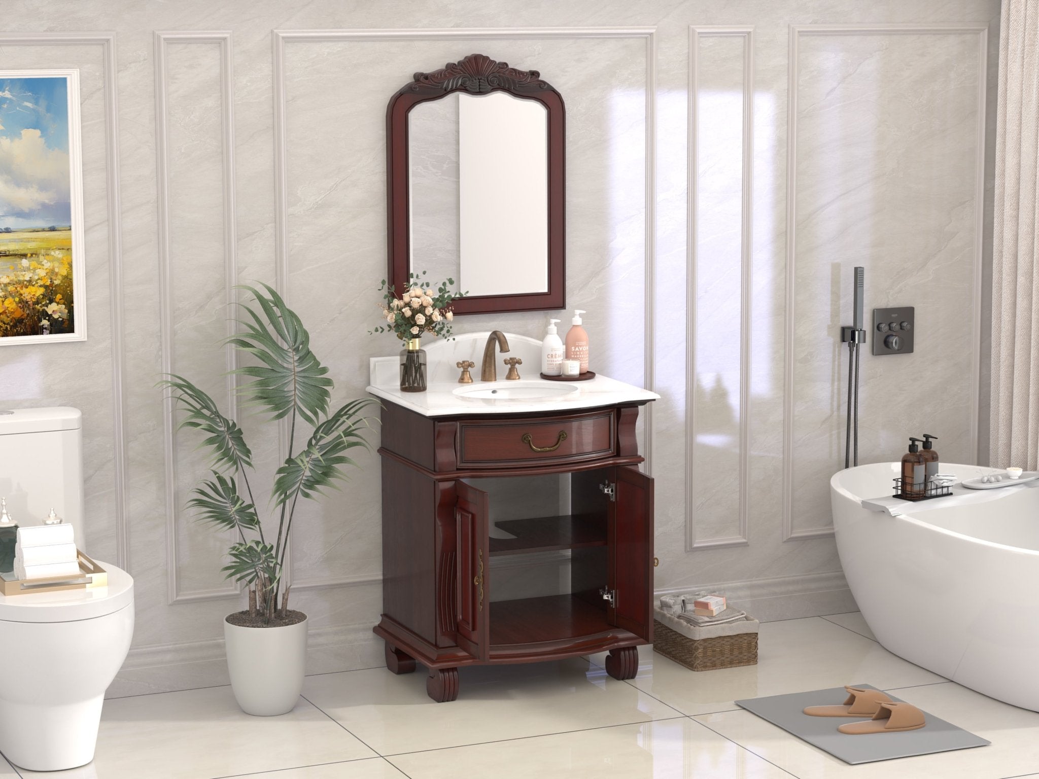 Chans Furniture GD-4437-V30SB 30 Inch Traditional Style Solid Wood Hopkinton Single Sink Bathroom Vanity With Stone top