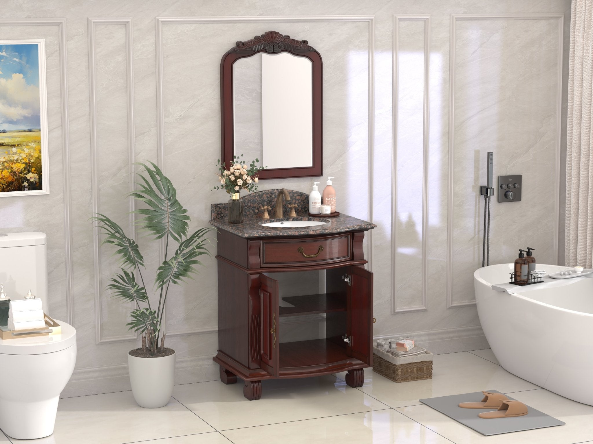 Chans Furniture GD-4437-V30SB 30 Inch Traditional Style Solid Wood Hopkinton Single Sink Bathroom Vanity With Stone top
