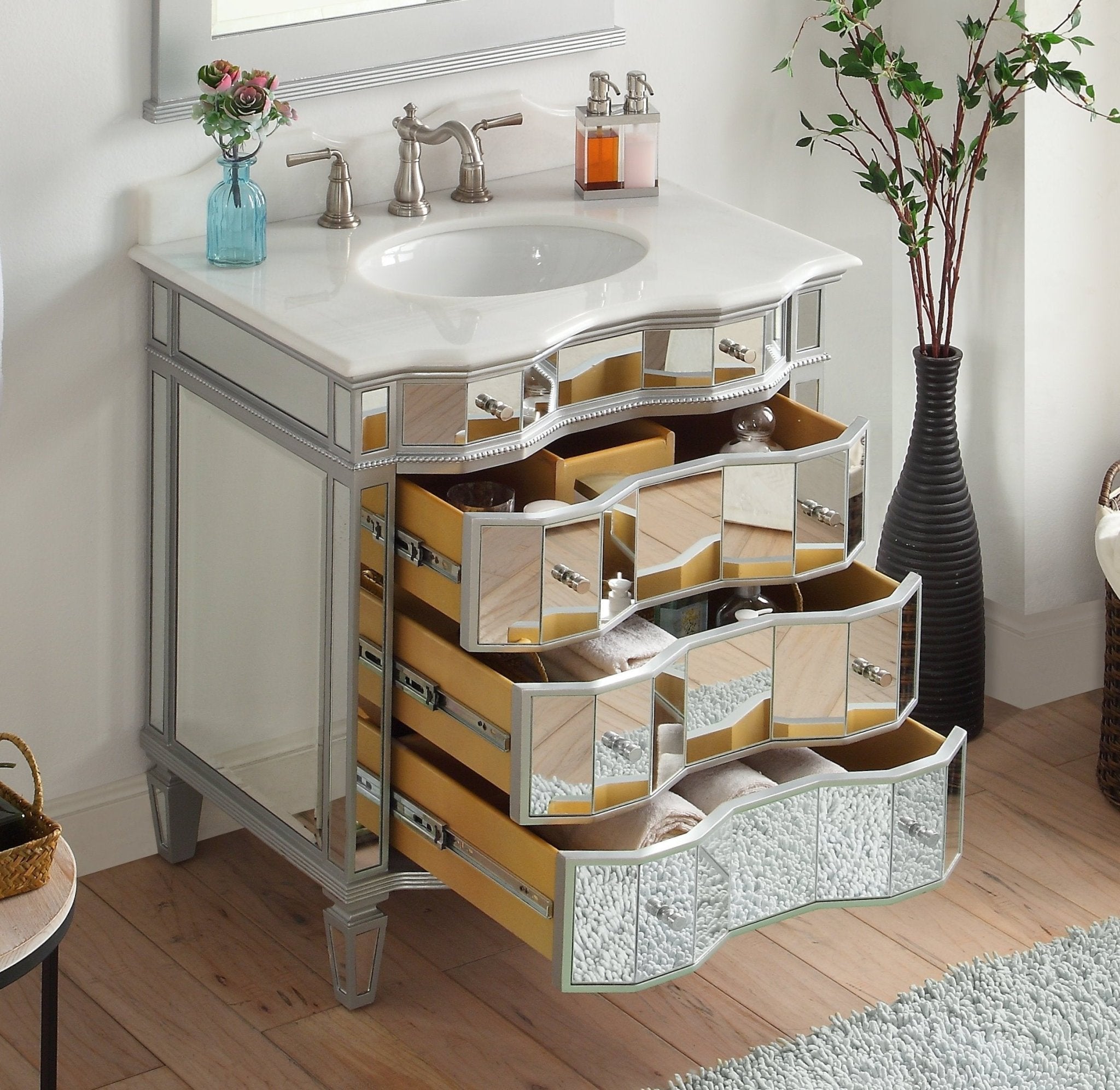Chans Furniture K2274-30 30" Mirrored Asselin Bathroom Sink Vanity