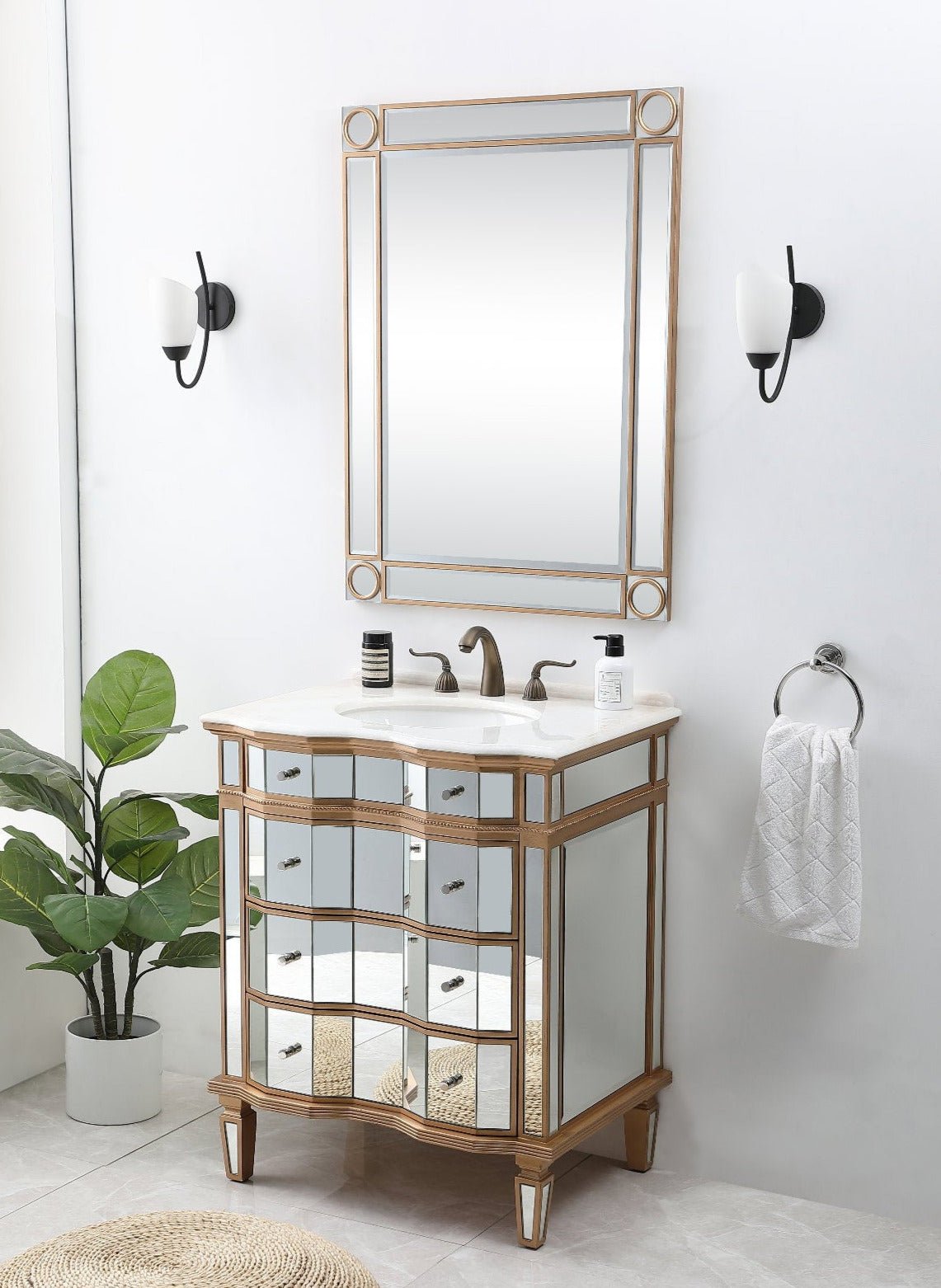 Chans Furniture K2288 30" Mirrored Style Asselin Bathroom Sink Vanity with Gold Trim