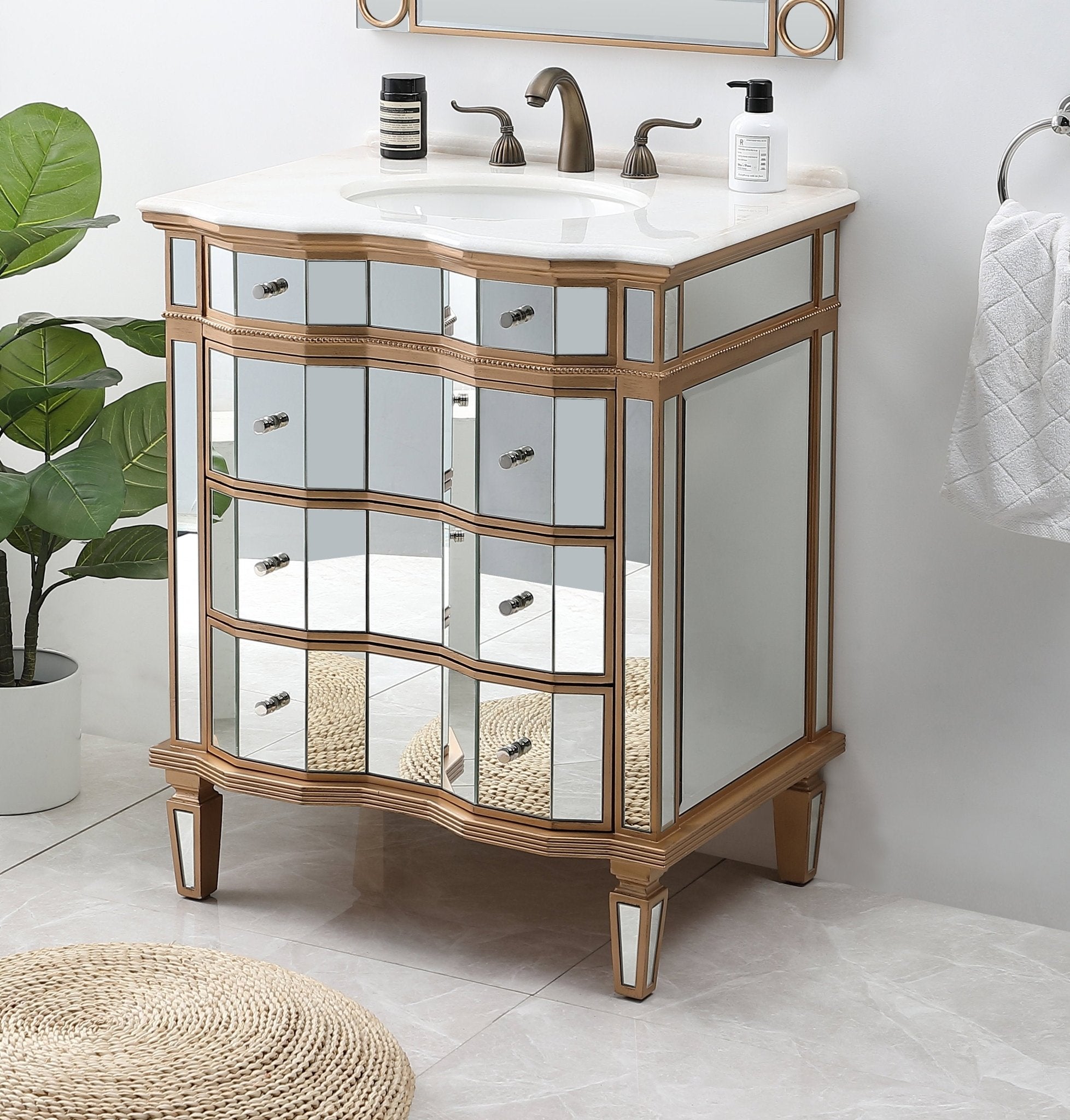Chans Furniture K2288 30" Mirrored Style Asselin Bathroom Sink Vanity with Gold Trim