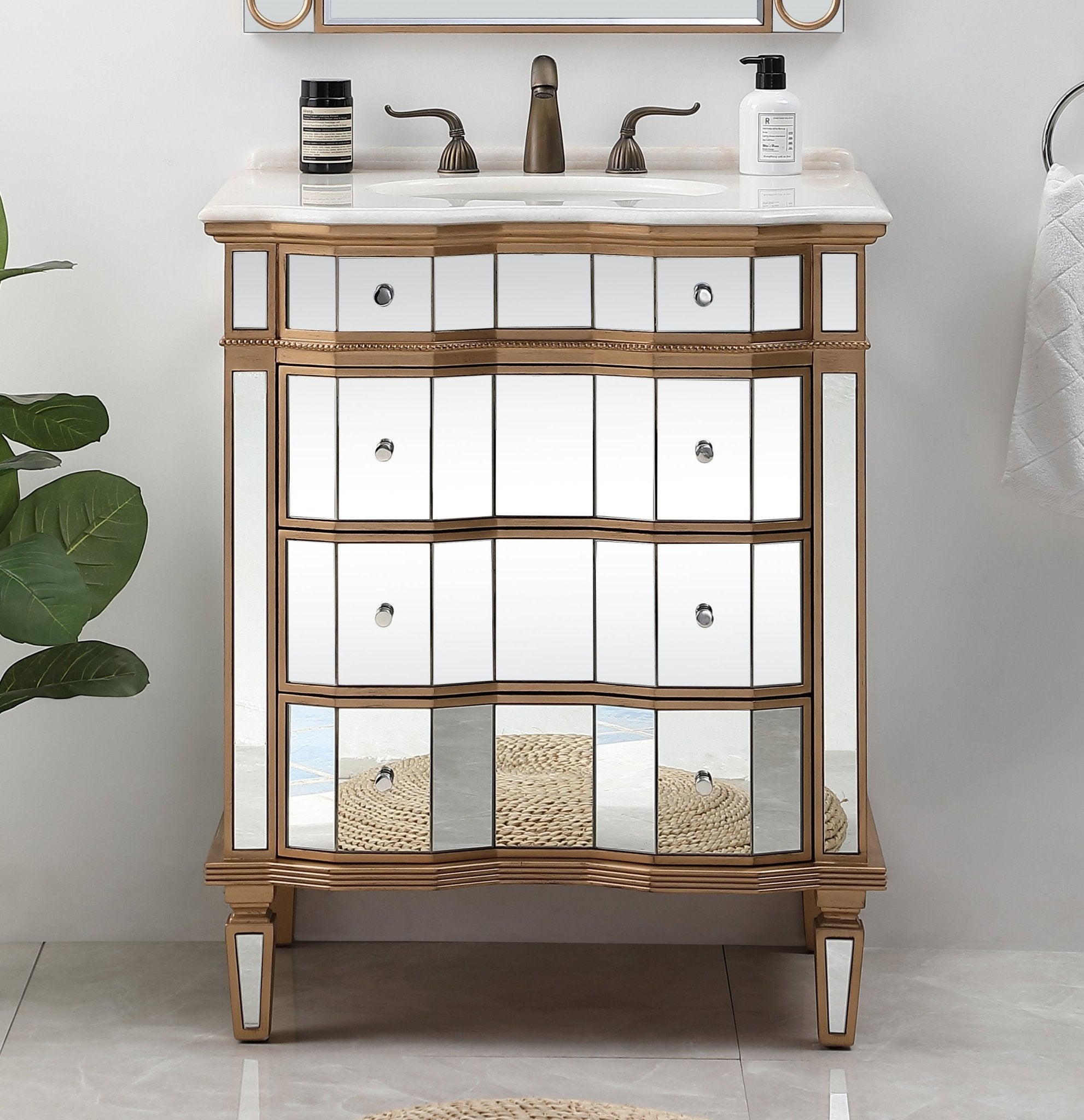 Chans Furniture K2288 30" Mirrored Style Asselin Bathroom Sink Vanity with Gold Trim