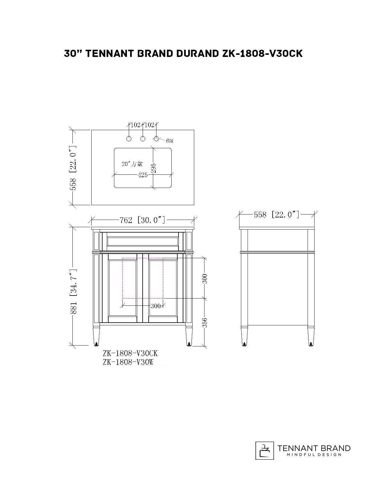 Chans Furniture QT-1808-V30CK 30 Inch Durand Modern Gray Bathroom Sink Vanity with Stone Counter Top