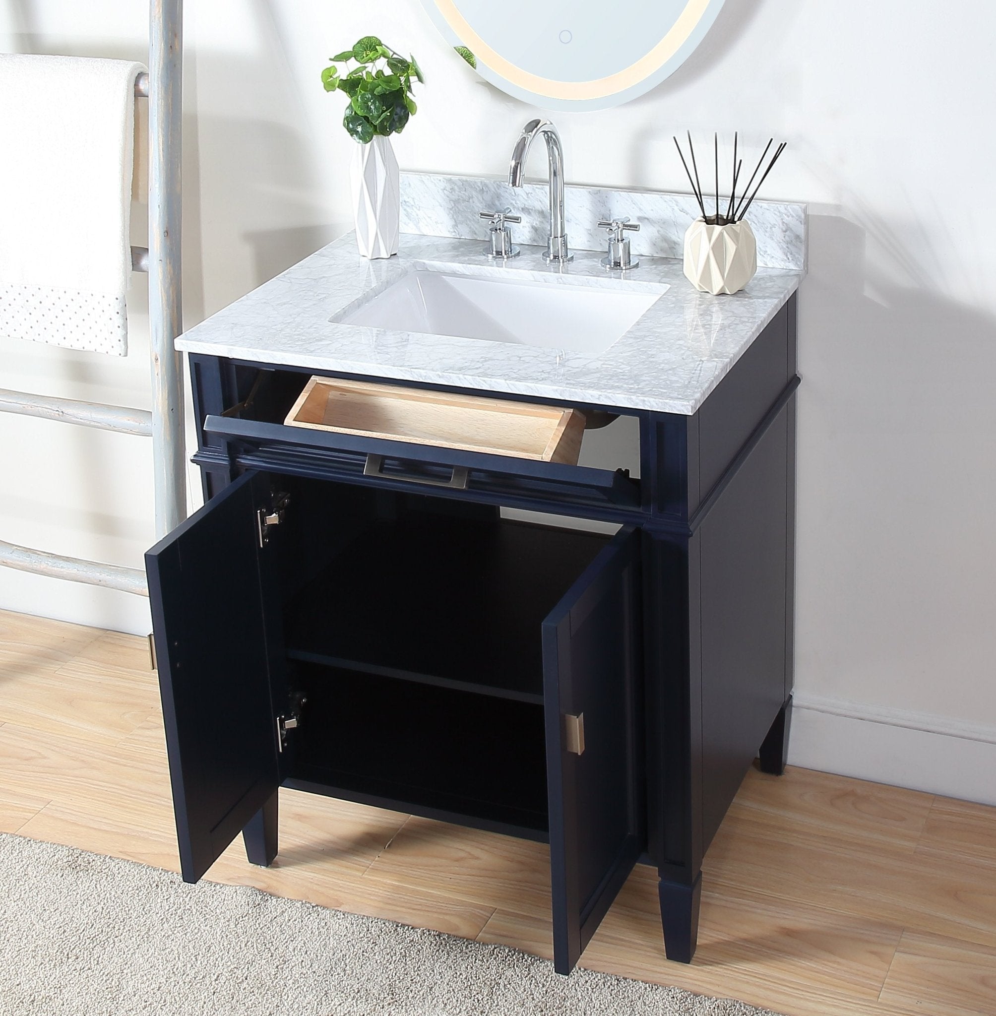 Chans Furniture QT-1808-V30NB 30 Inch Durand Modern Navy Blue Bathroom Sink Vanity with Stone Counter Top