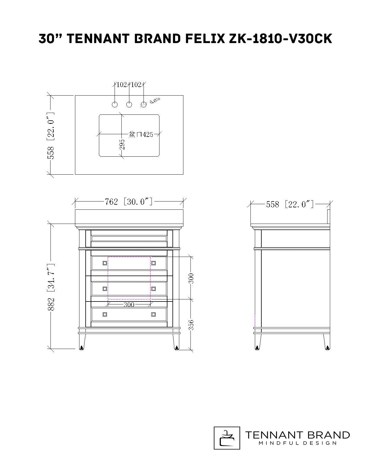 Chans Furniture QT-1810-V30CK 30" Tennant Brand Felix Modern Style Gray Bathroom Vanity