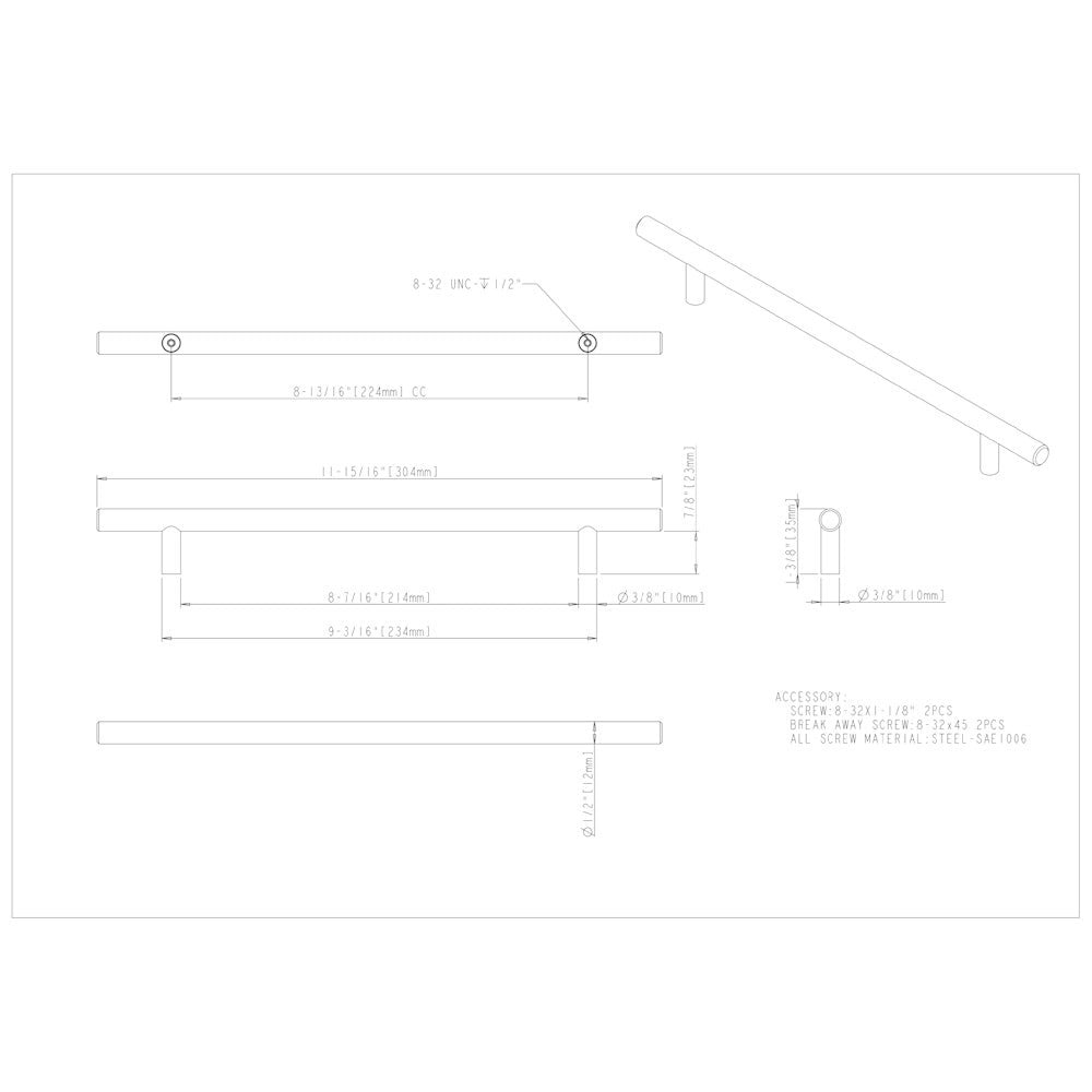 Hardware Resources 96 mm Center-to-Center Hollow Matte Black Stainless Steel Naples Cabinet Bar Pull