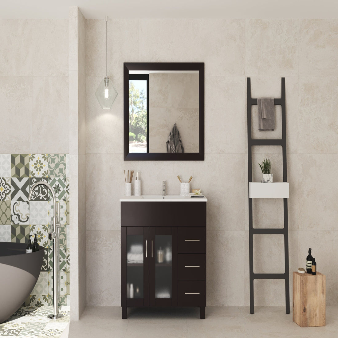 Bathroom vanity with mirror, sink, and decorative items against a neutral wall.
