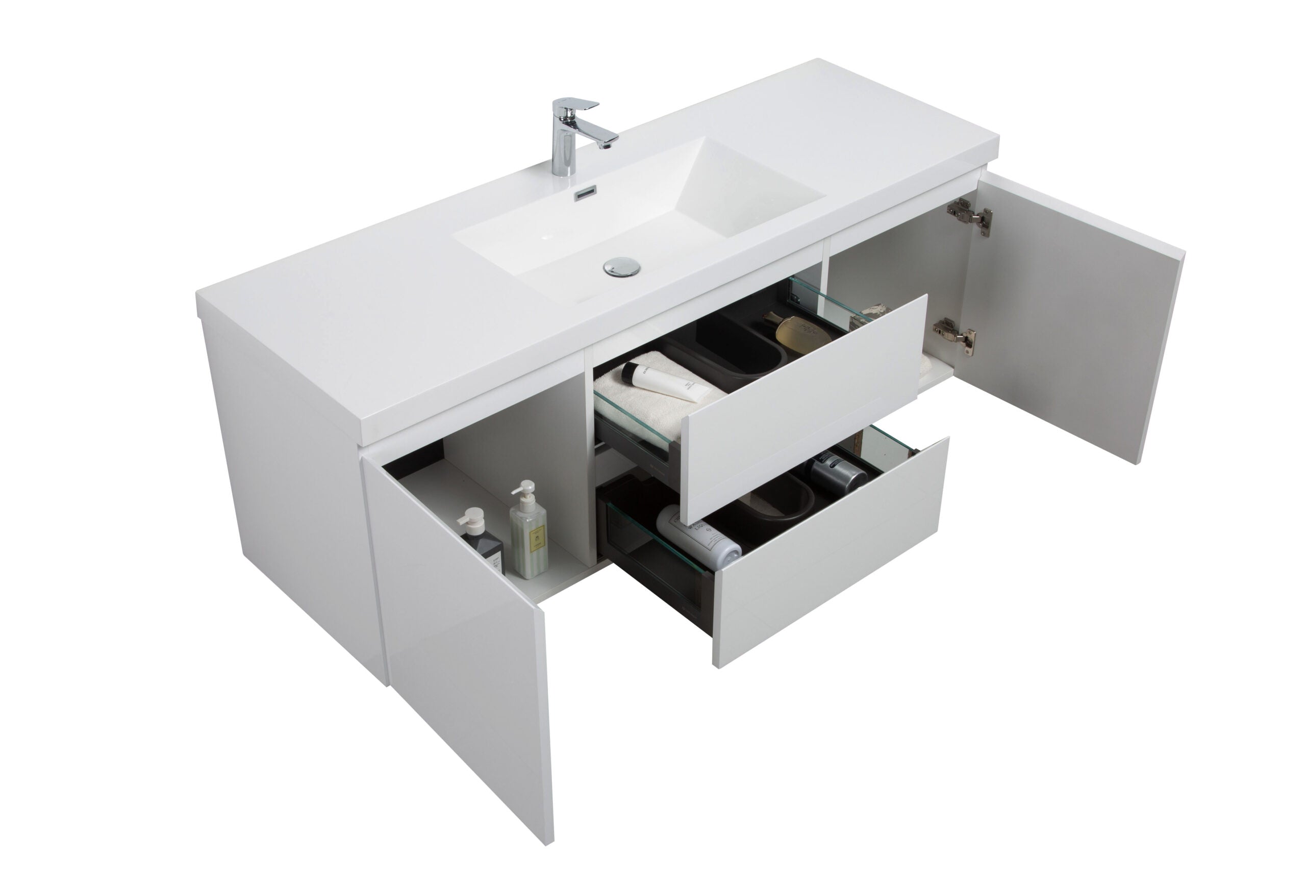 Aurora 60" Wall Hung Single Sink Bathroom Vanity with White Acrylic Countertop