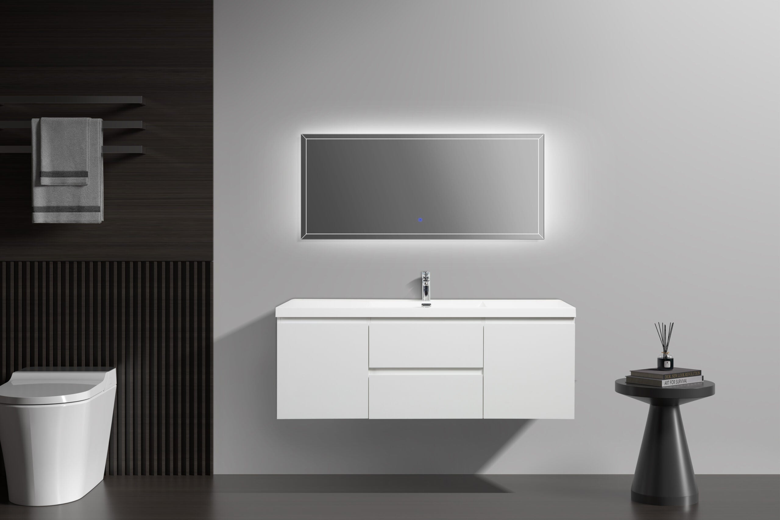 Aurora 60" Wall Hung Single Sink Bathroom Vanity with White Acrylic Countertop