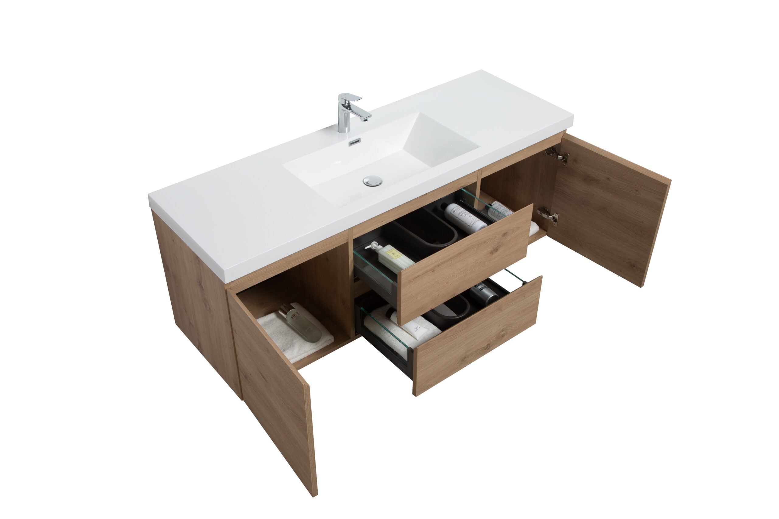 Aurora 60" Wall Hung Single Sink Bathroom Vanity with White Acrylic Countertop