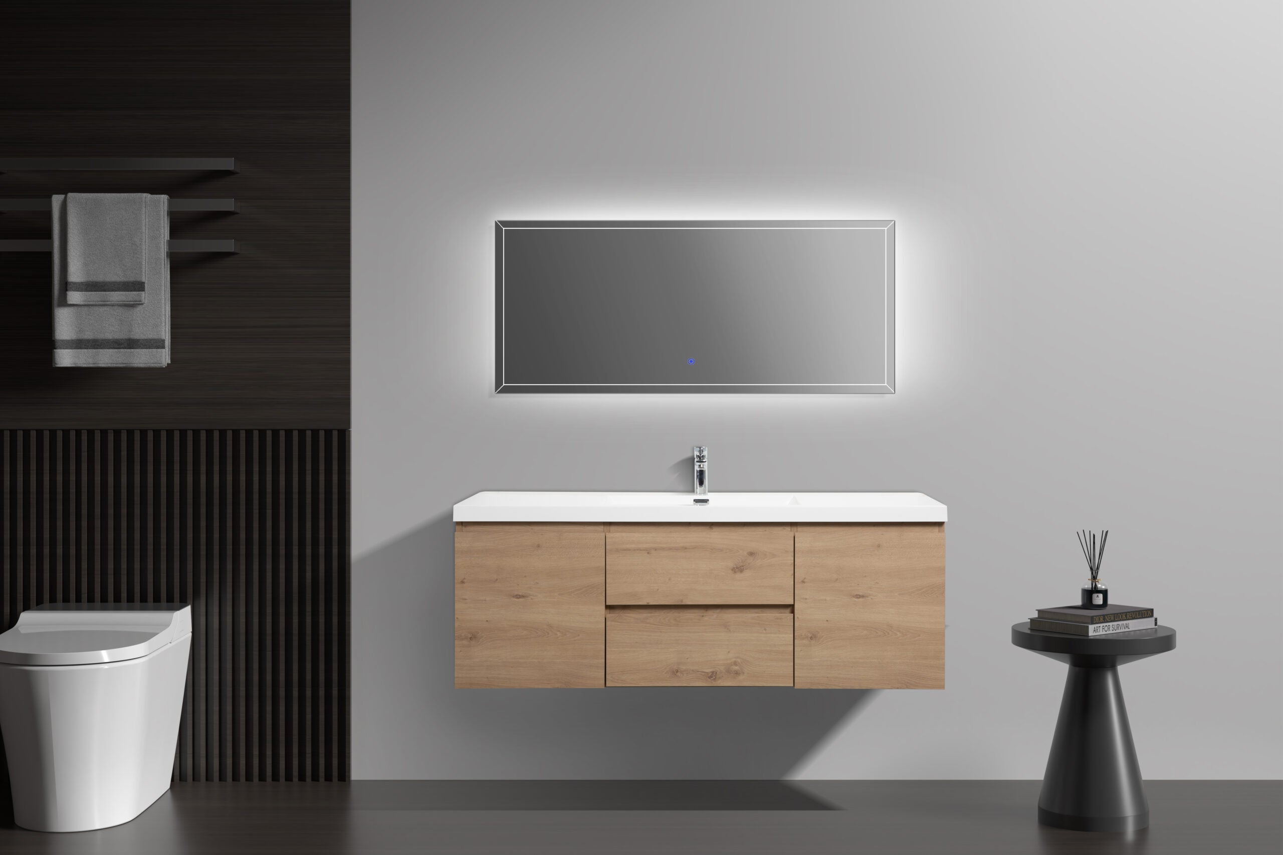 Aurora 60" Wall Hung Single Sink Bathroom Vanity with White Acrylic Countertop