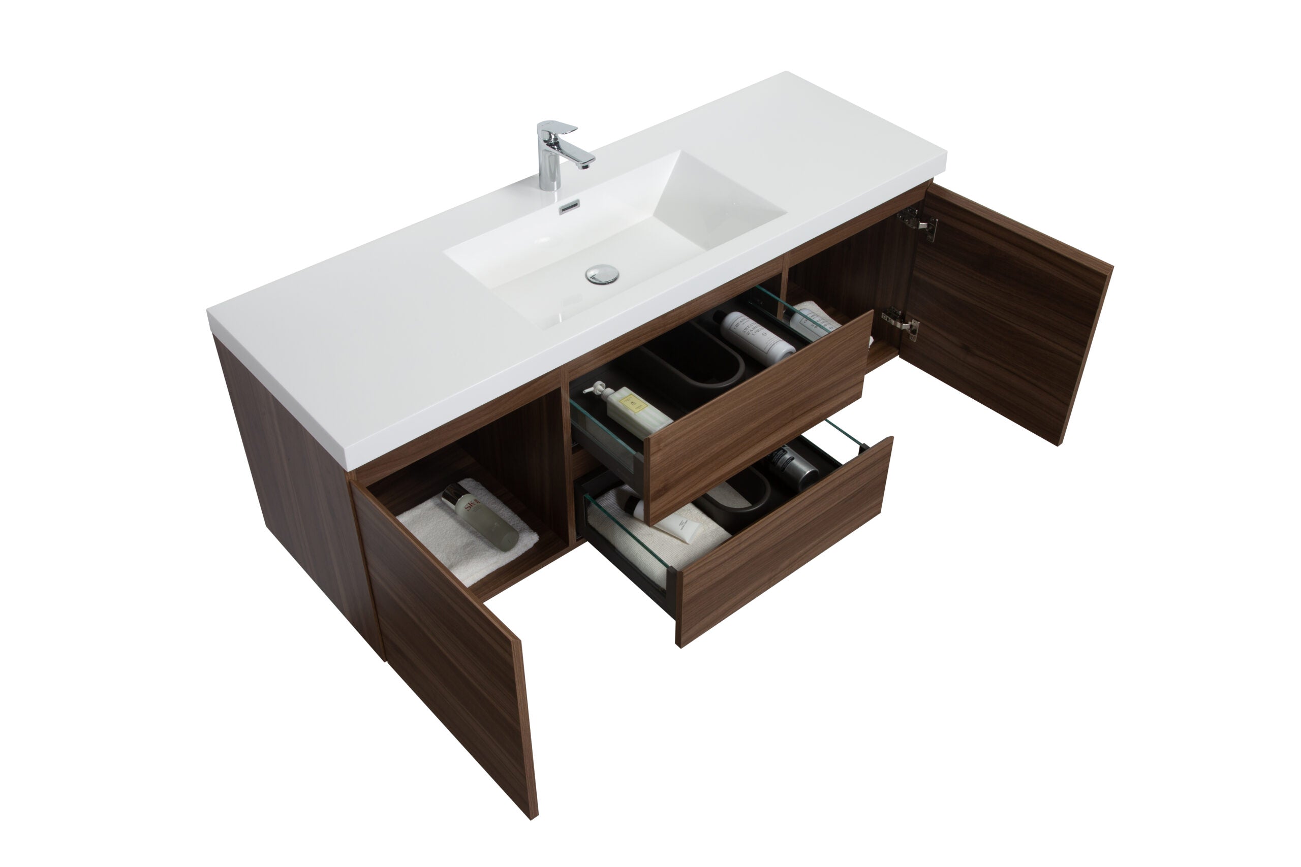 Aurora 60" Wall Hung Single Sink Bathroom Vanity with White Acrylic Countertop