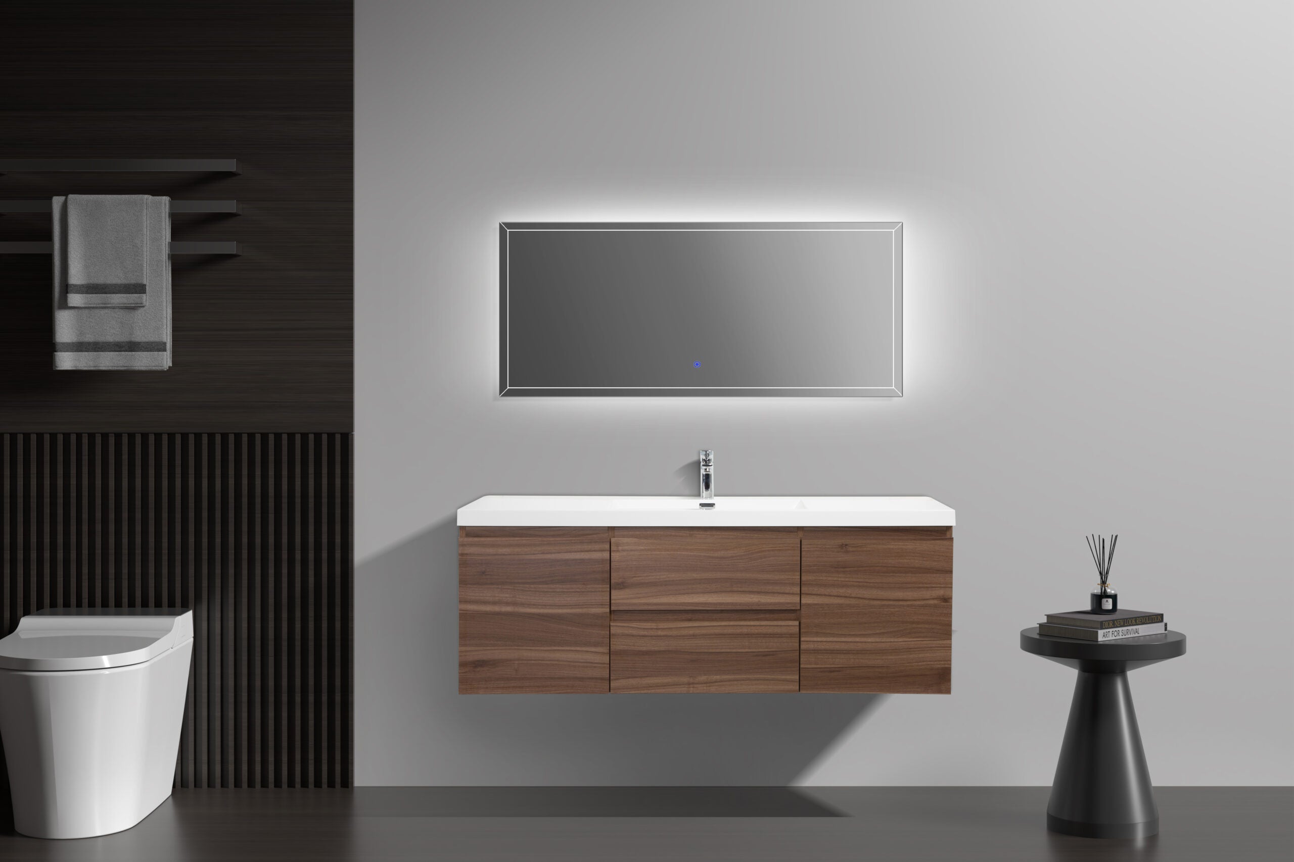 Aurora 60" Wall Hung Single Sink Bathroom Vanity with White Acrylic Countertop