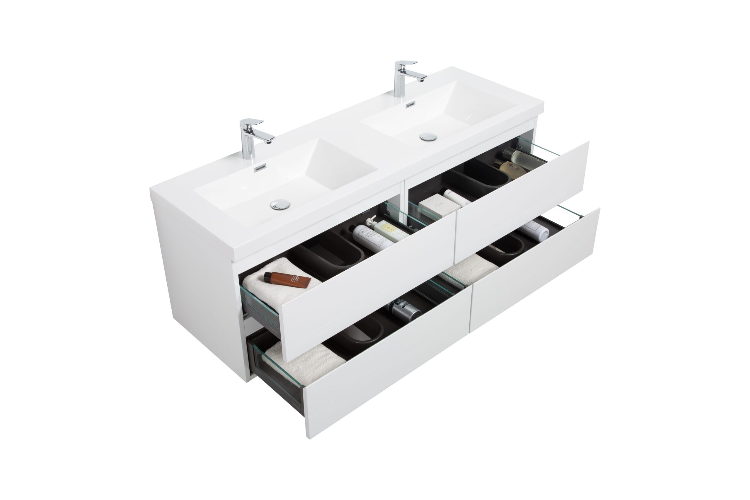 Aurora 60" Wall Hung Double Sink Bathroom Vanity with White Acrylic Countertop