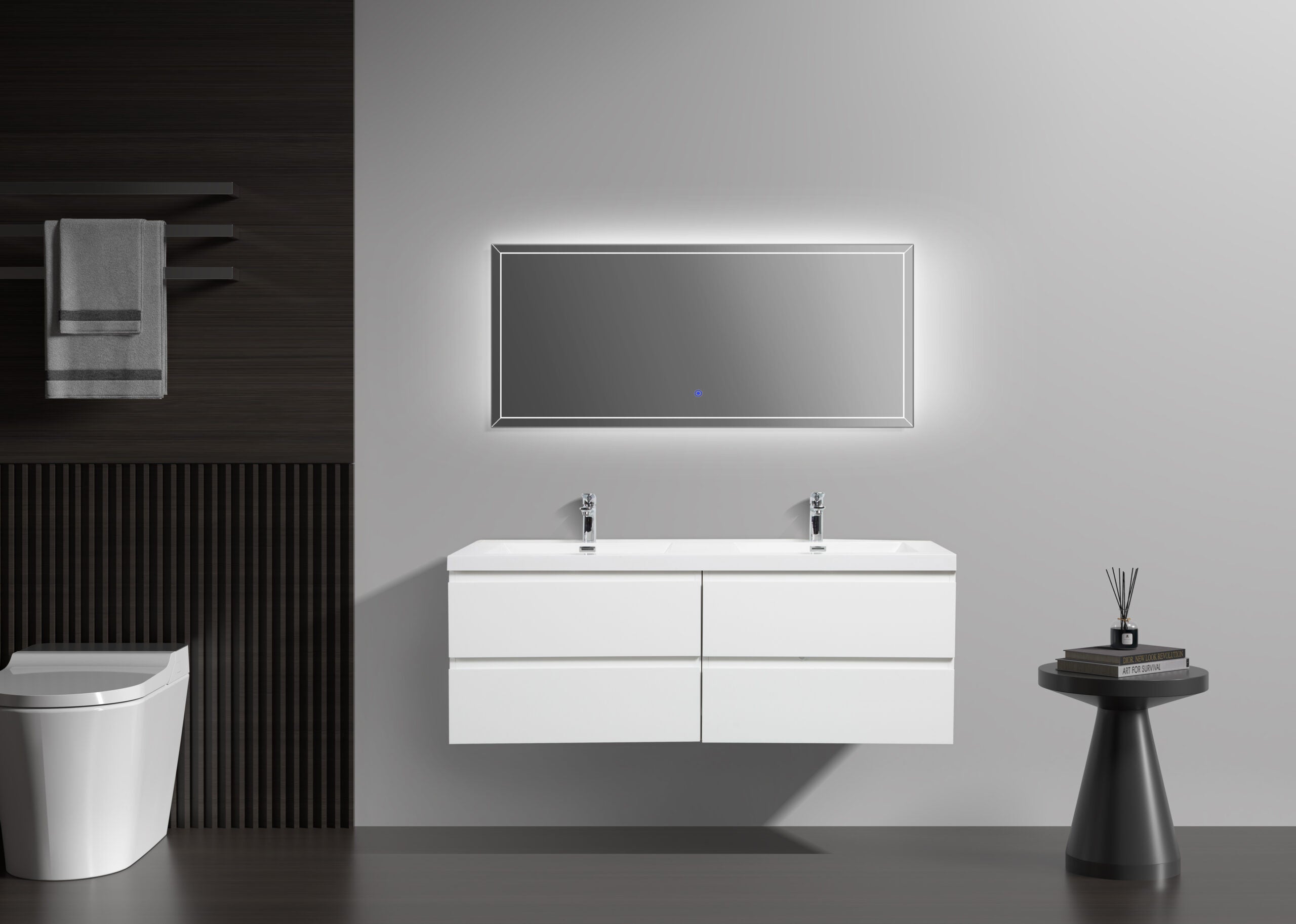 Aurora 60" Wall Hung Double Sink Bathroom Vanity with White Acrylic Countertop
