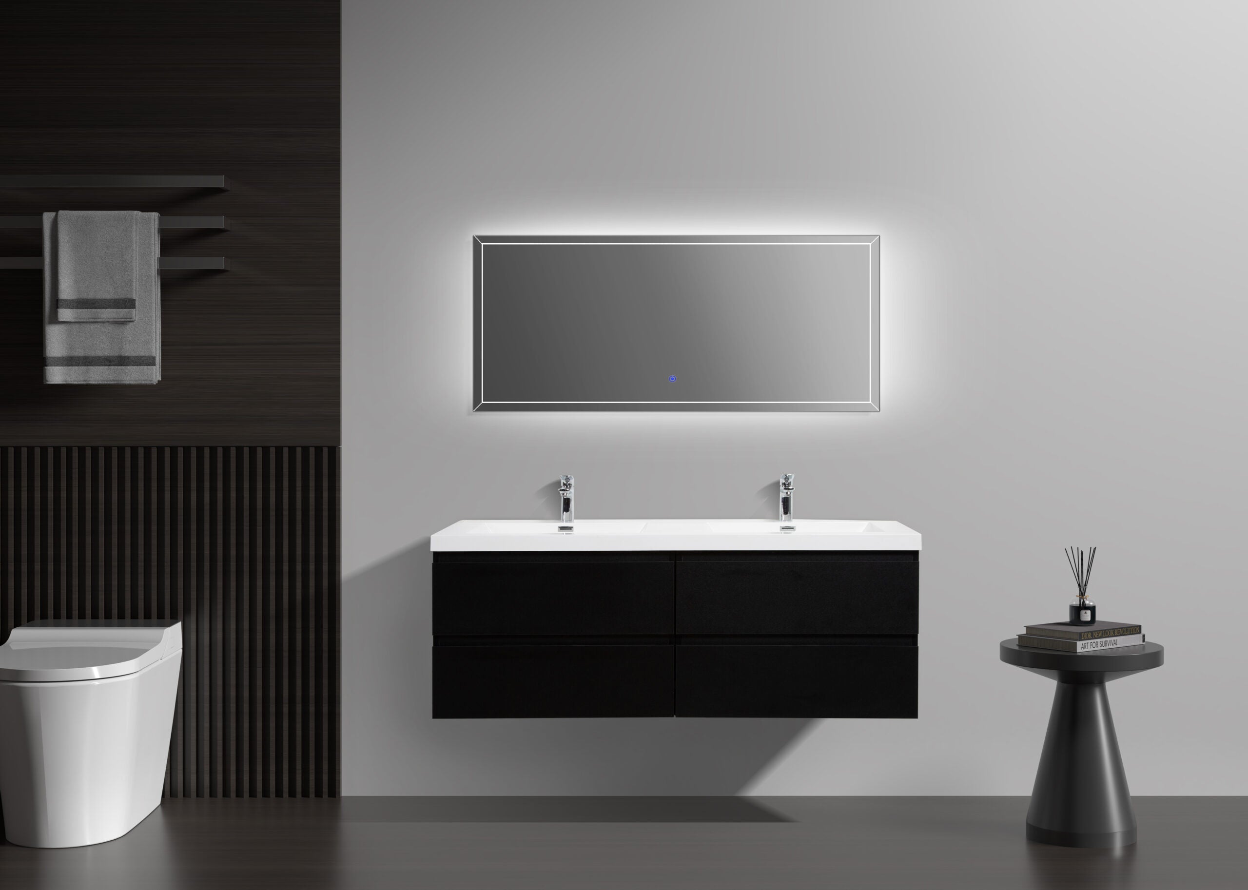 Aurora 60" Wall Hung Double Sink Bathroom Vanity with White Acrylic Countertop