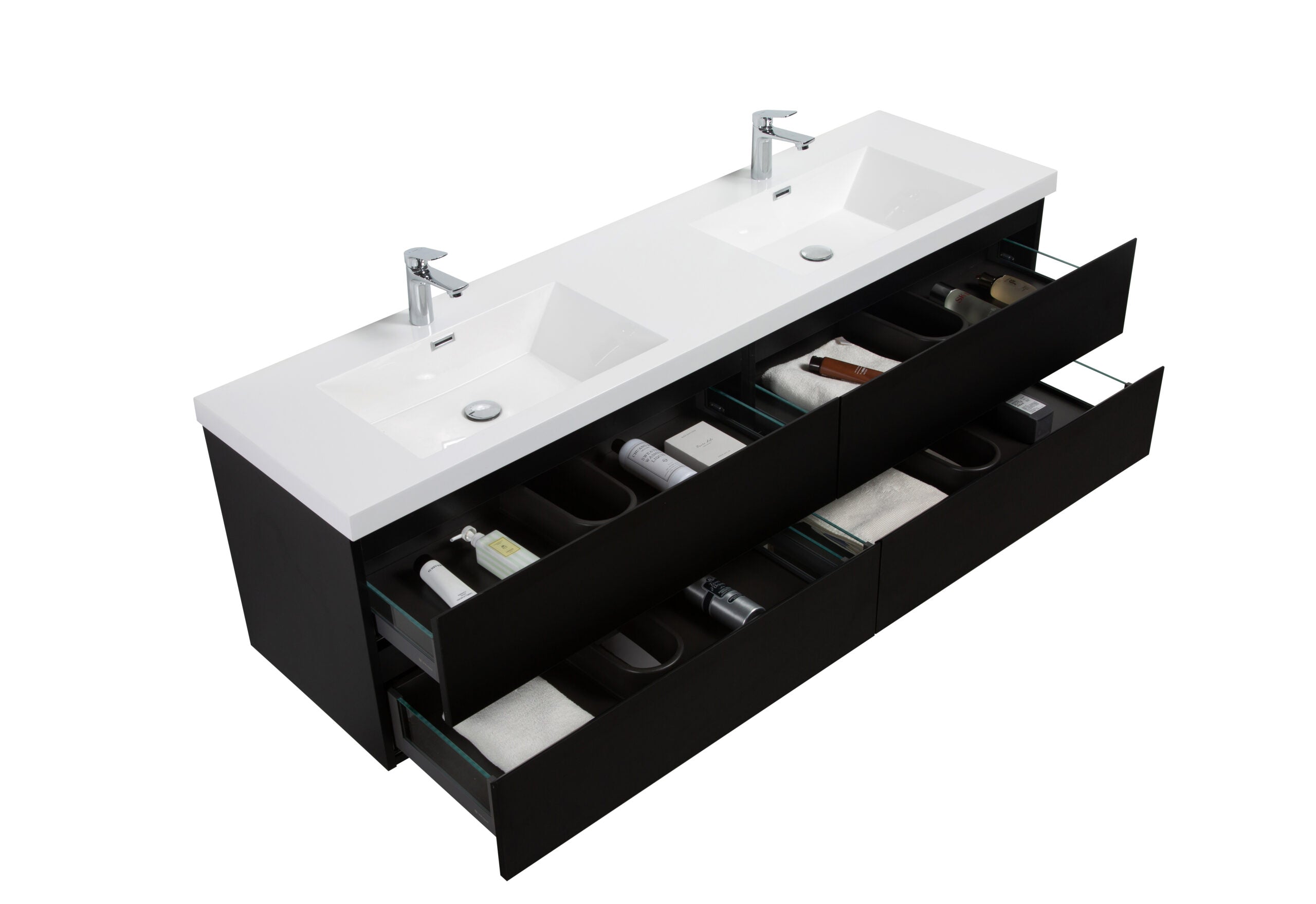Aurora 72" Wall Hung Double Sink Bathroom Vanity with White Acrylic Countertop