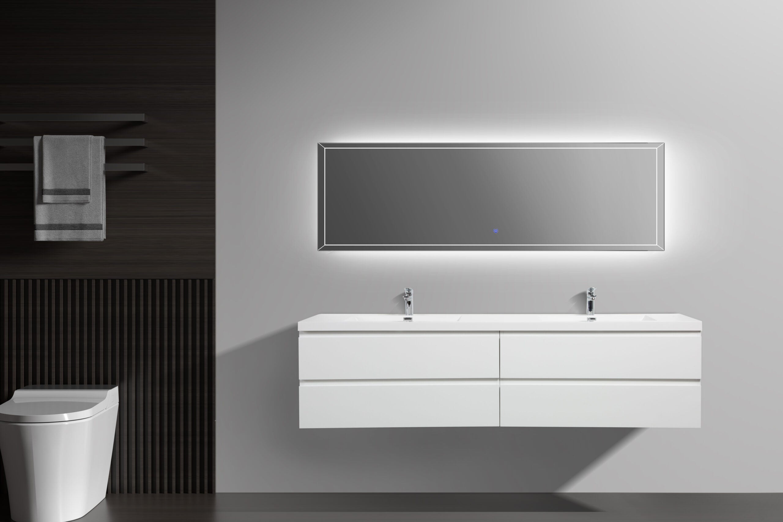 Aurora 84" Wall Hung Double Sink Bathroom Vanity with White Acrylic Countertop