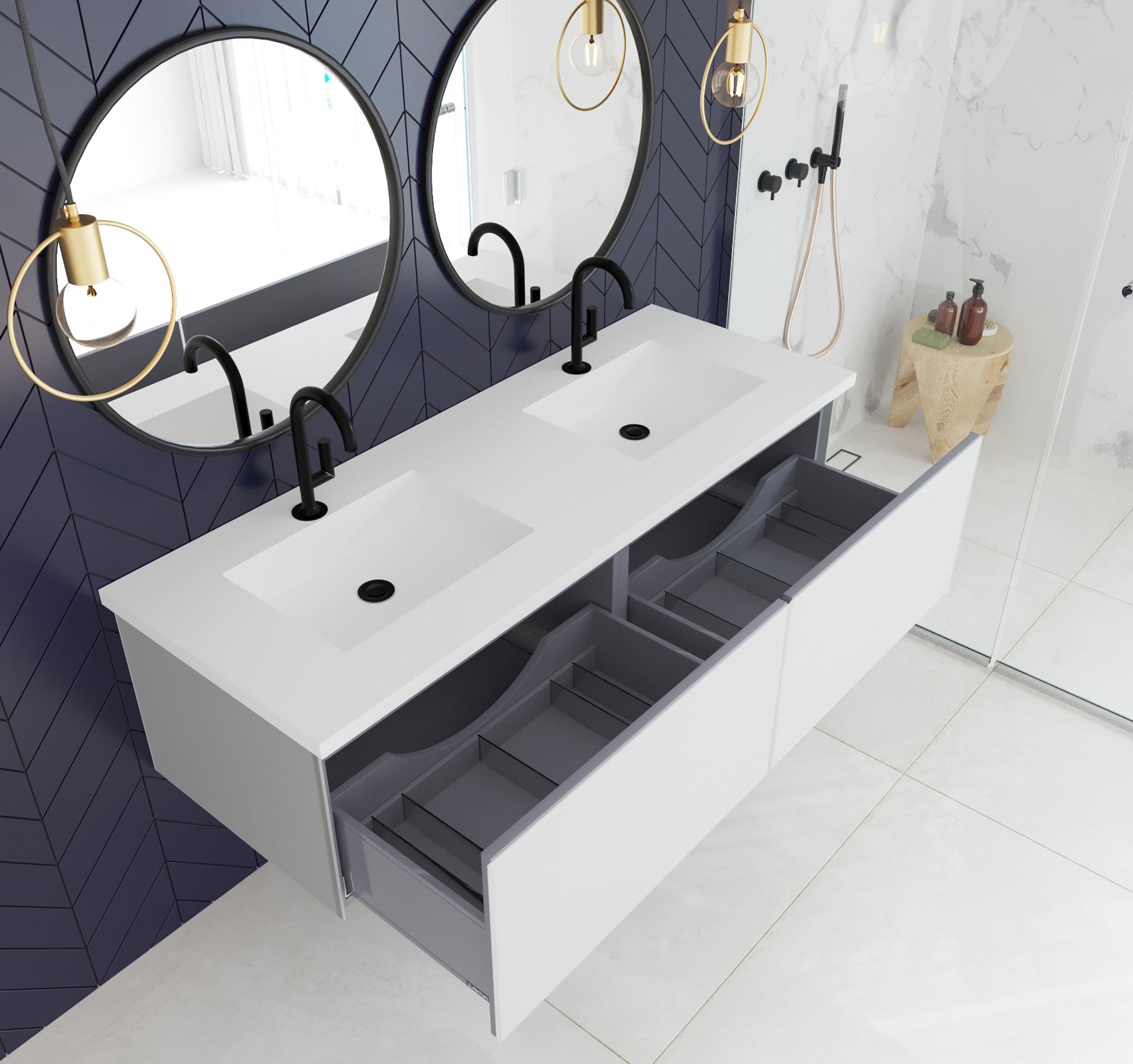 Vitri 60" Double Sink Bathroom Vanity with VIVA Stone Matte White Solid Surface Countertop