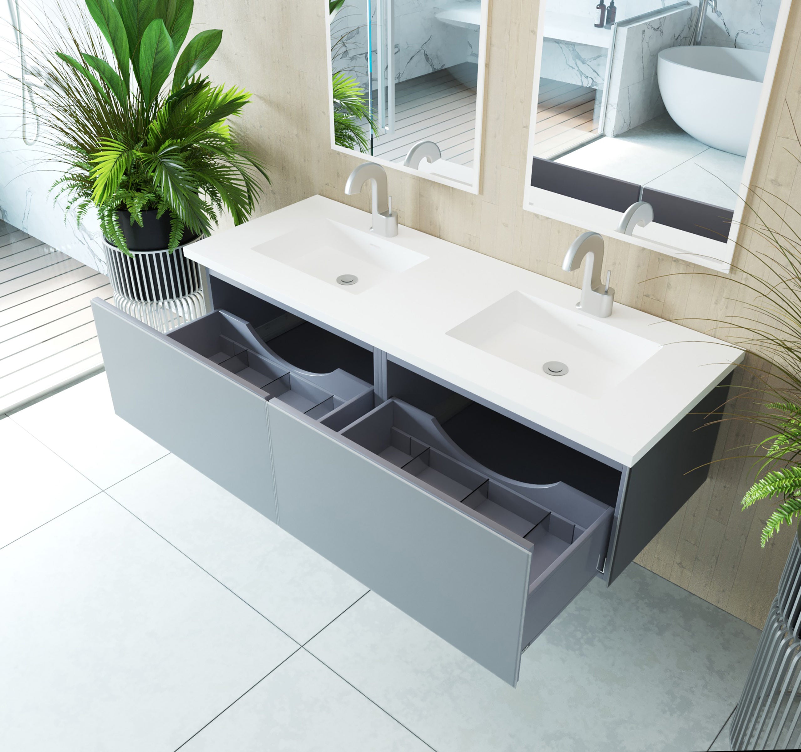 Vitri 60" Double Sink Bathroom Vanity with VIVA Stone Matte White Solid Surface Countertop