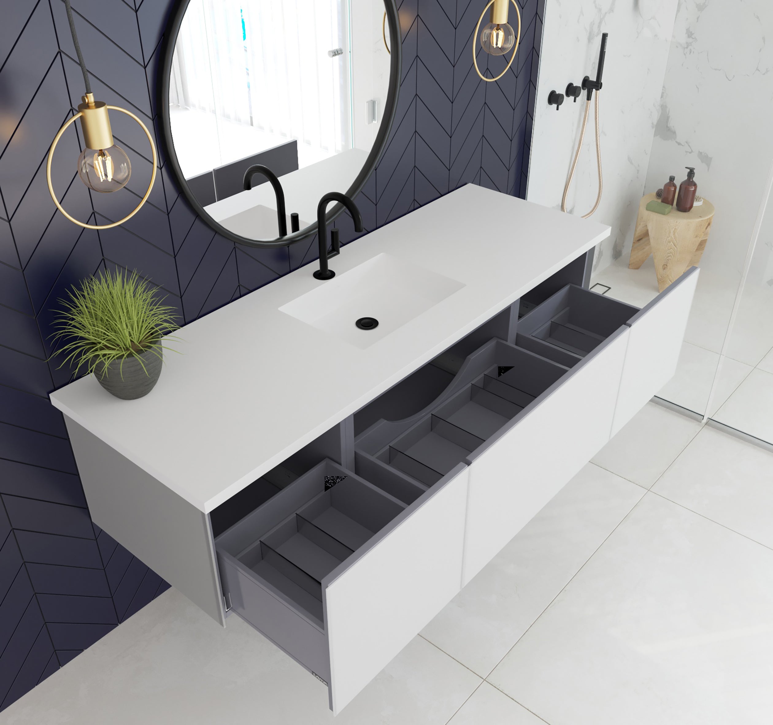 Vitri 66" Single Sink Bathroom Vanity with VIVA Stone Matte White Solid Surface Countertop