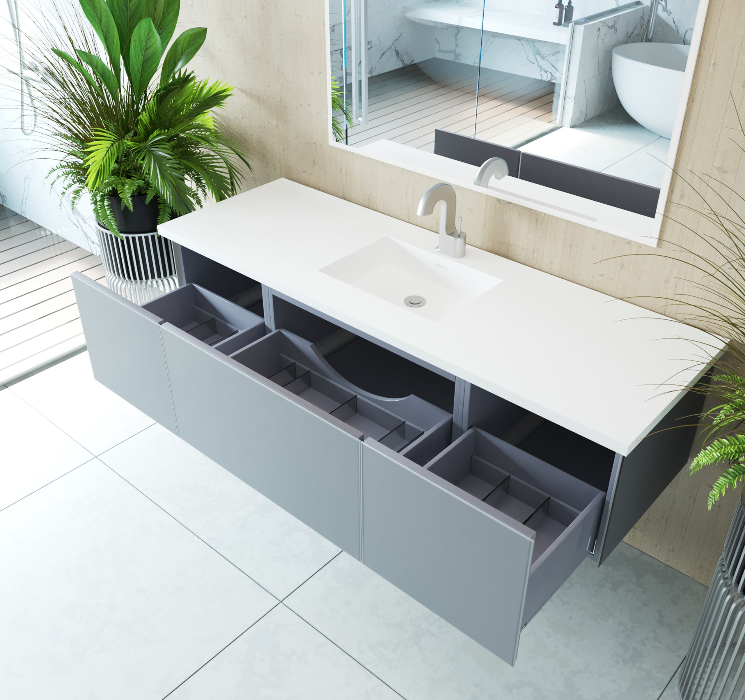 Vitri 66" Single Sink Bathroom Vanity with VIVA Stone Matte White Solid Surface Countertop