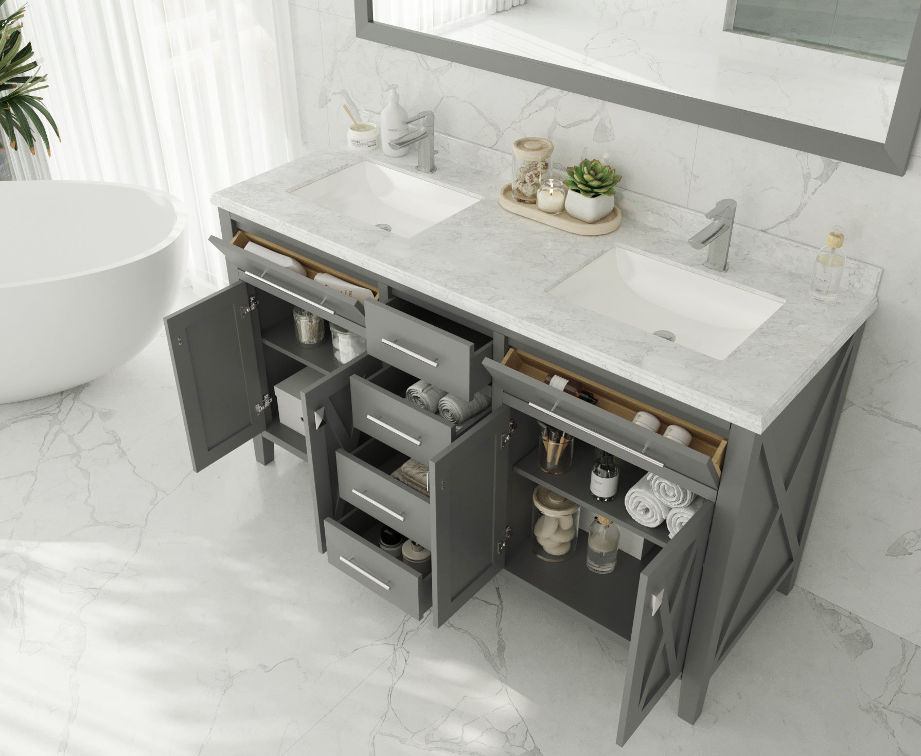 Wimbledon 60" Grey Double Sink Bathroom Vanity with Countertop