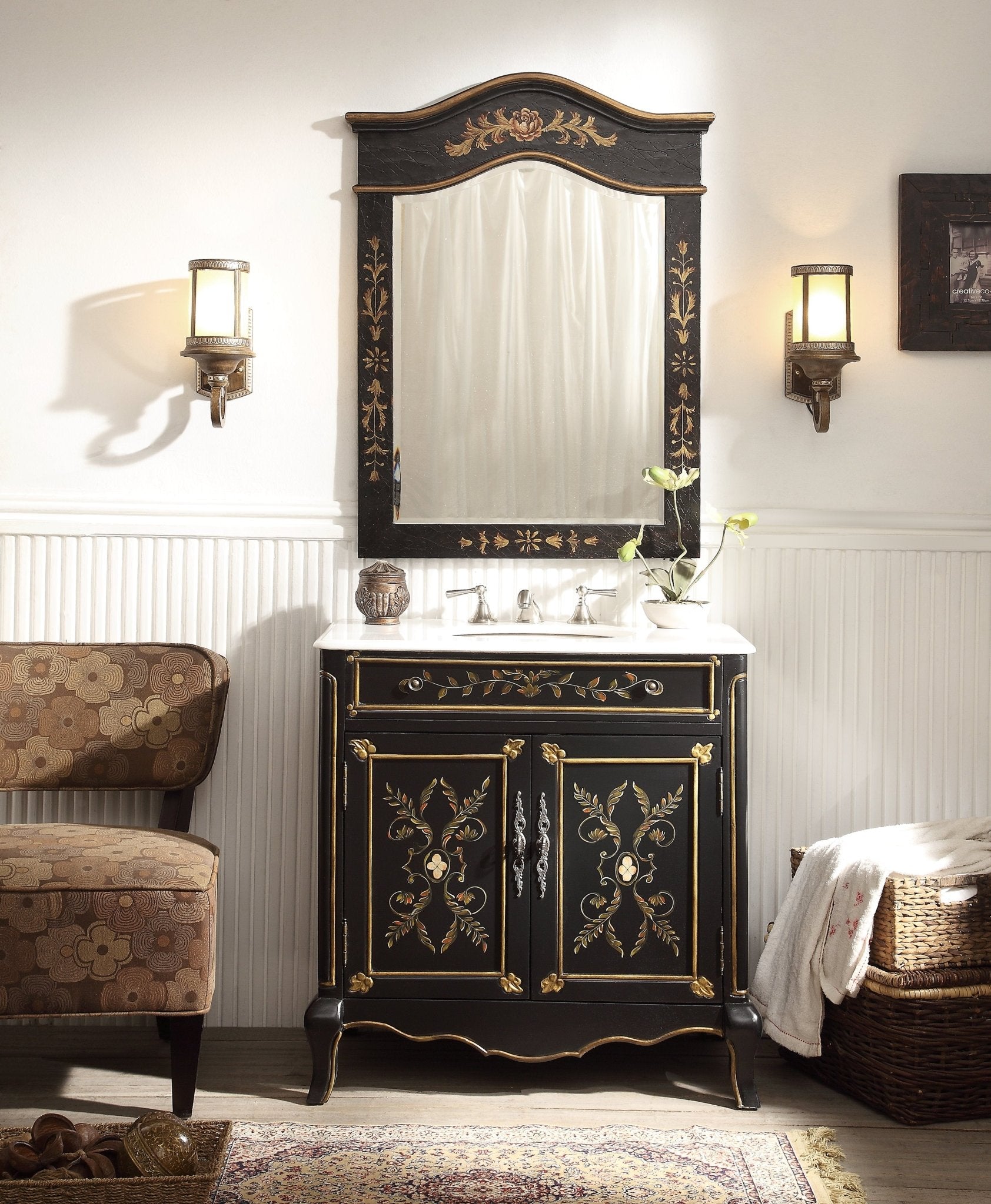Chans Furniture HF-2326 32" Black Hand-Painted Floral Motif Decoroso Bathroom Vanity