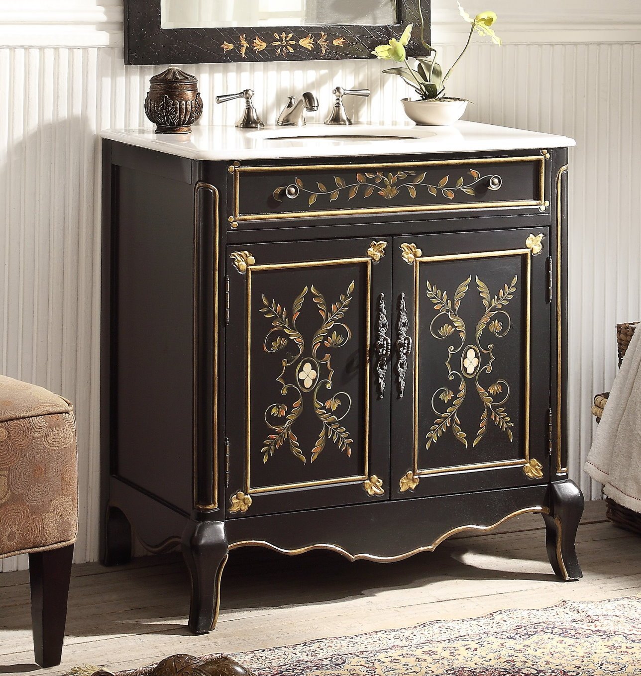 Chans Furniture HF-2326 32" Black Hand-Painted Floral Motif Decoroso Bathroom Vanity