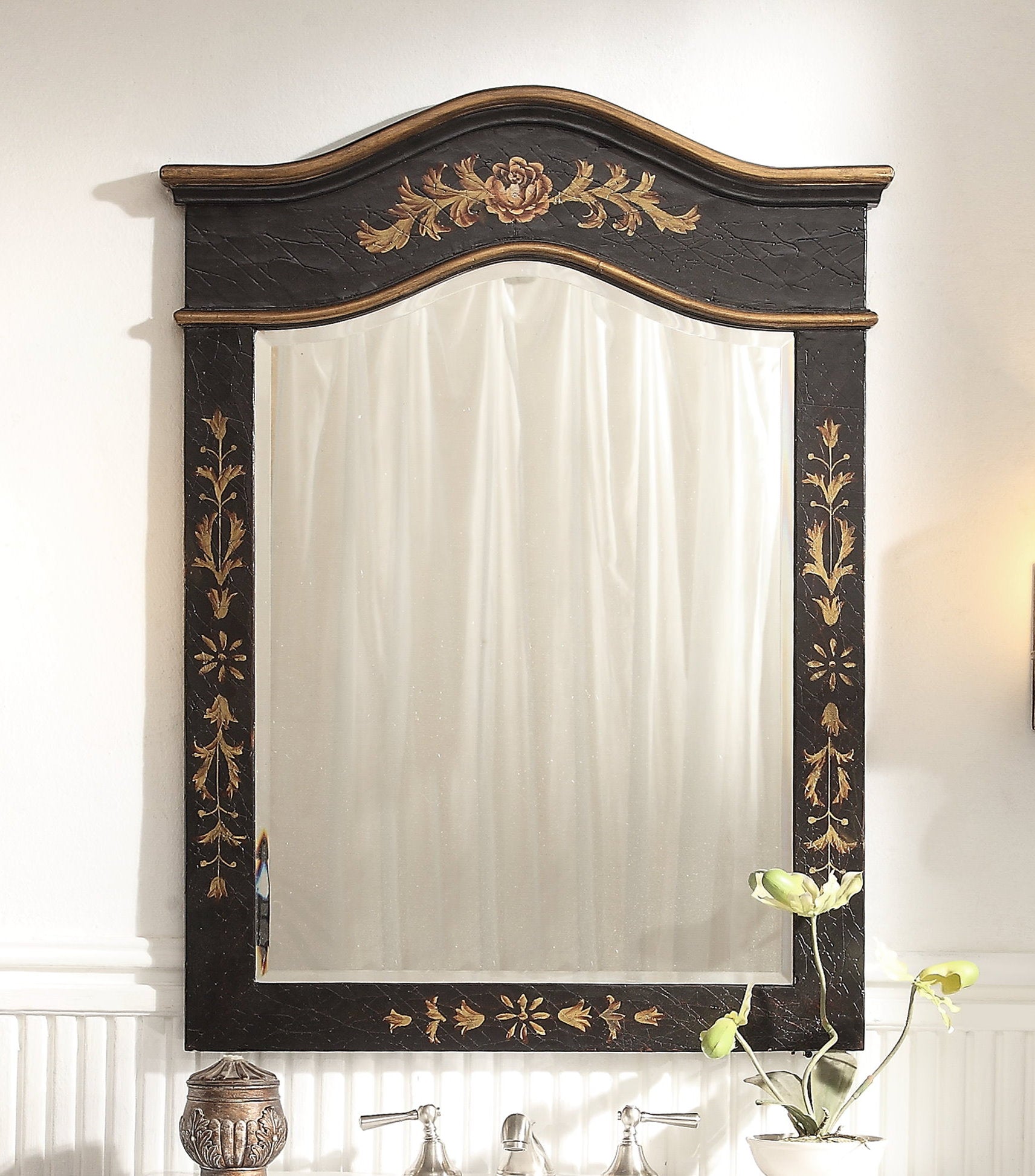 Chans Furniture HF-2326 32" Black Hand-Painted Floral Motif Decoroso Bathroom Vanity