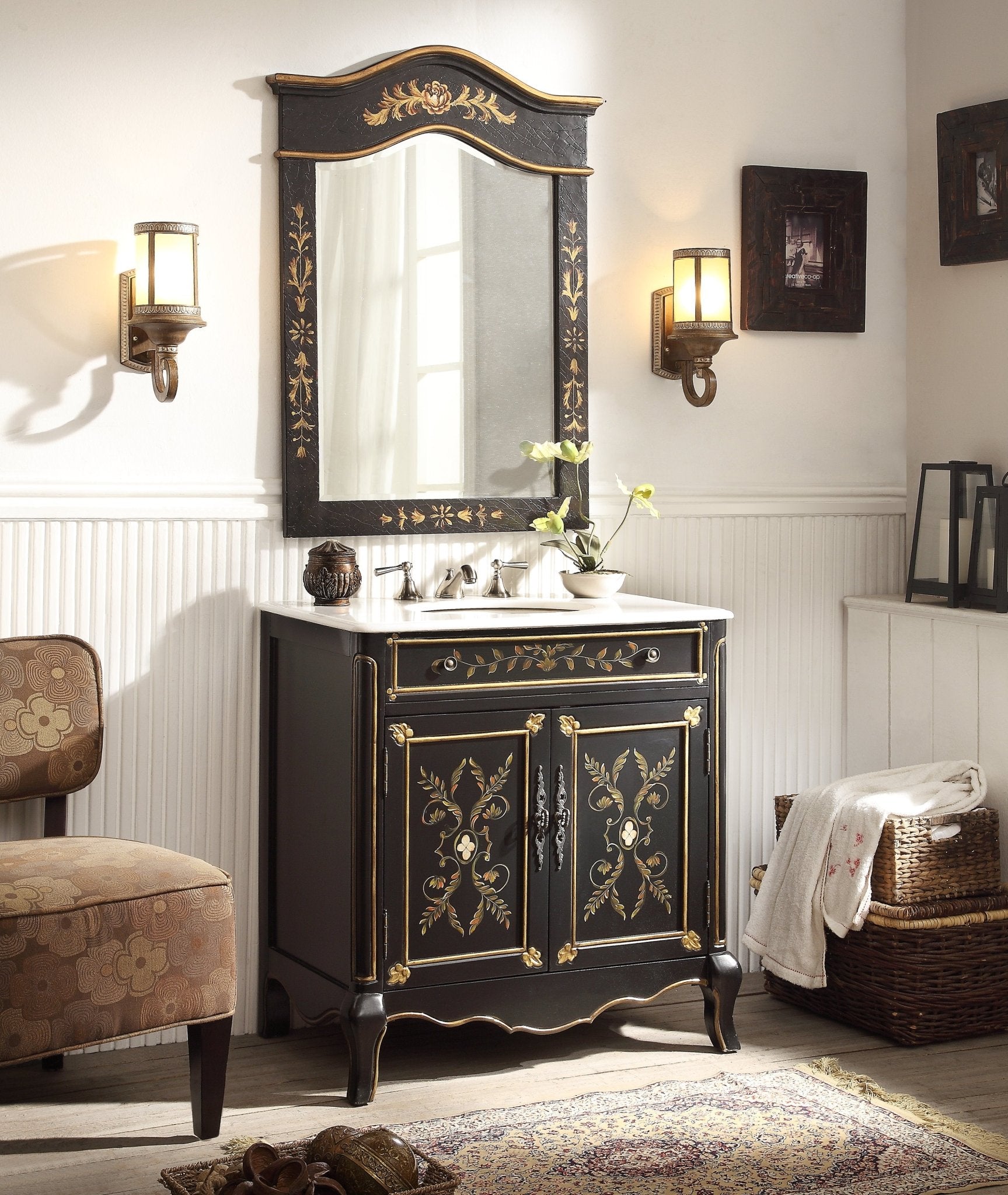 Chans Furniture HF-2326 32" Black Hand-Painted Floral Motif Decoroso Bathroom Vanity