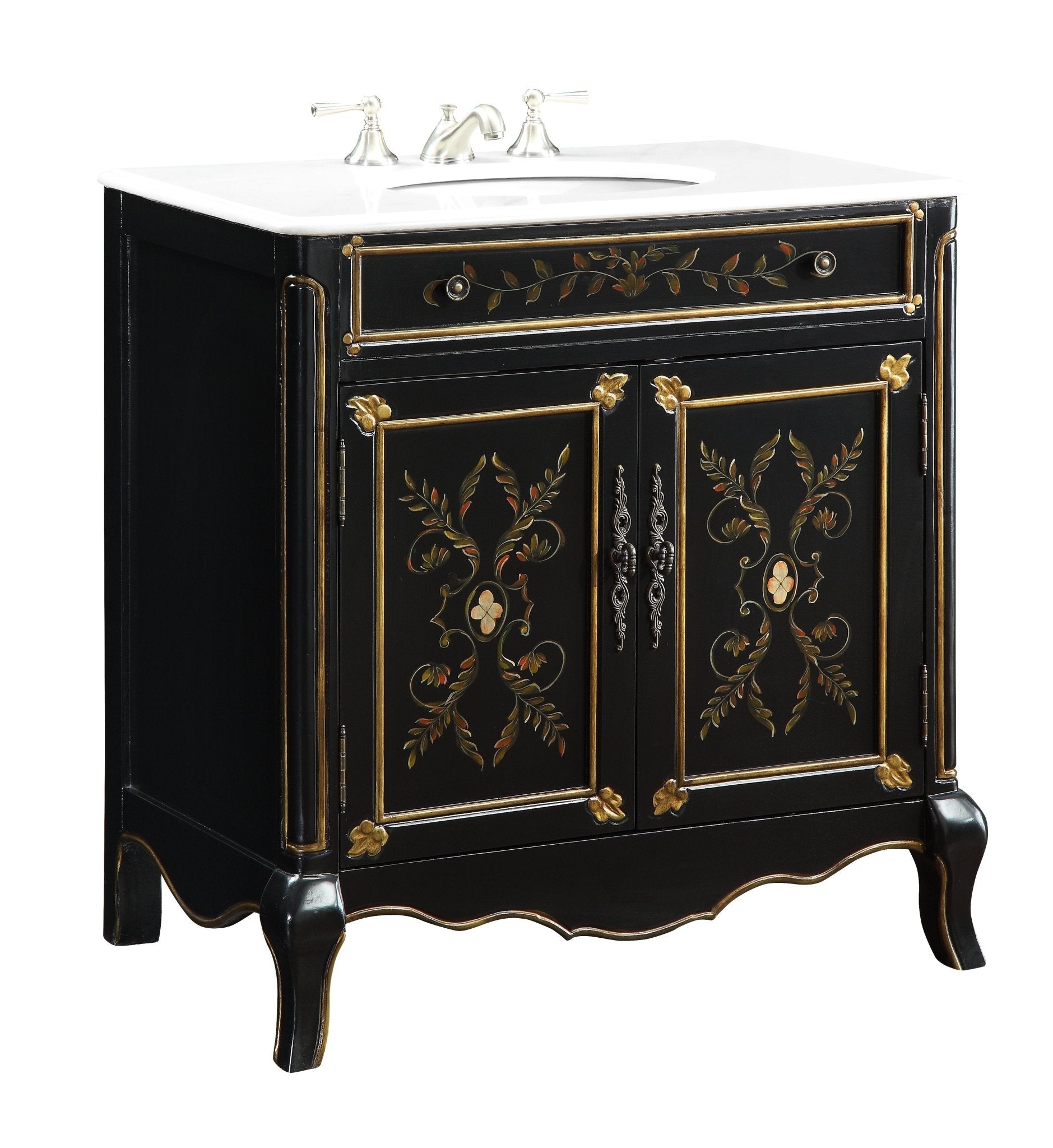 Chans Furniture HF-2326 32" Black Hand-Painted Floral Motif Decoroso Bathroom Vanity