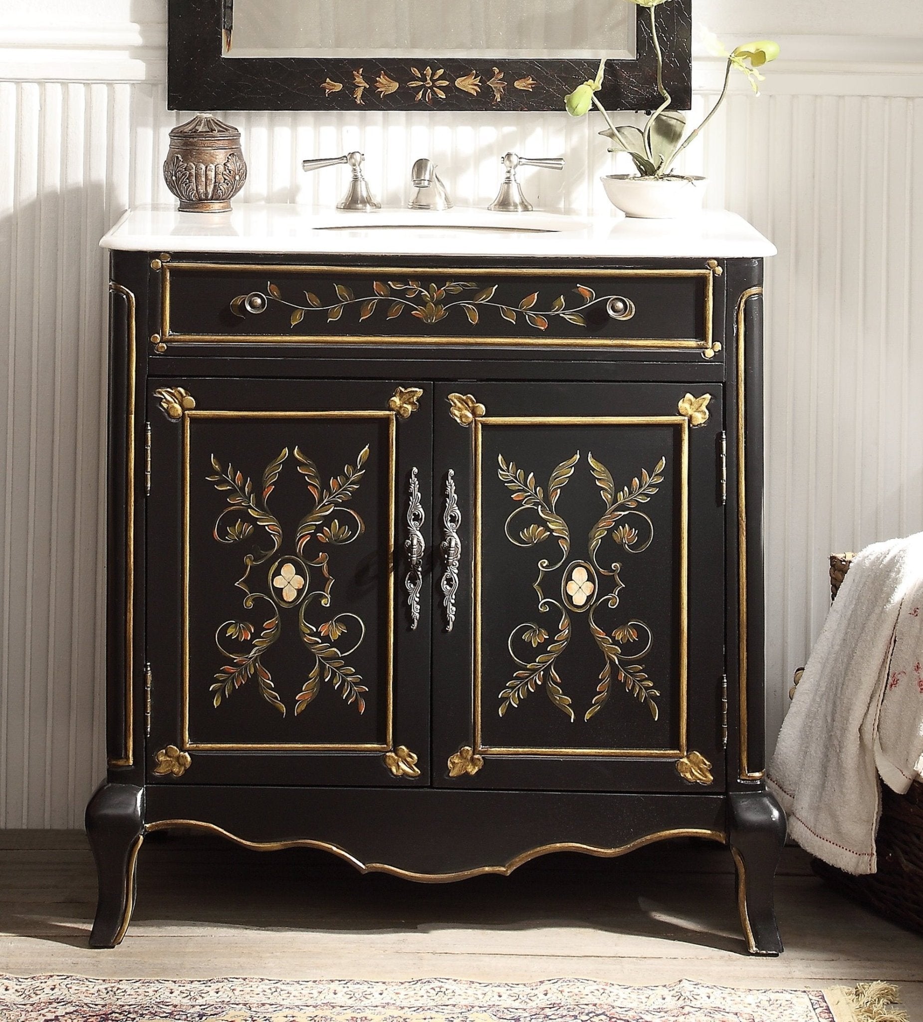 Chans Furniture HF-2326 32" Black Hand-Painted Floral Motif Decoroso Bathroom Vanity